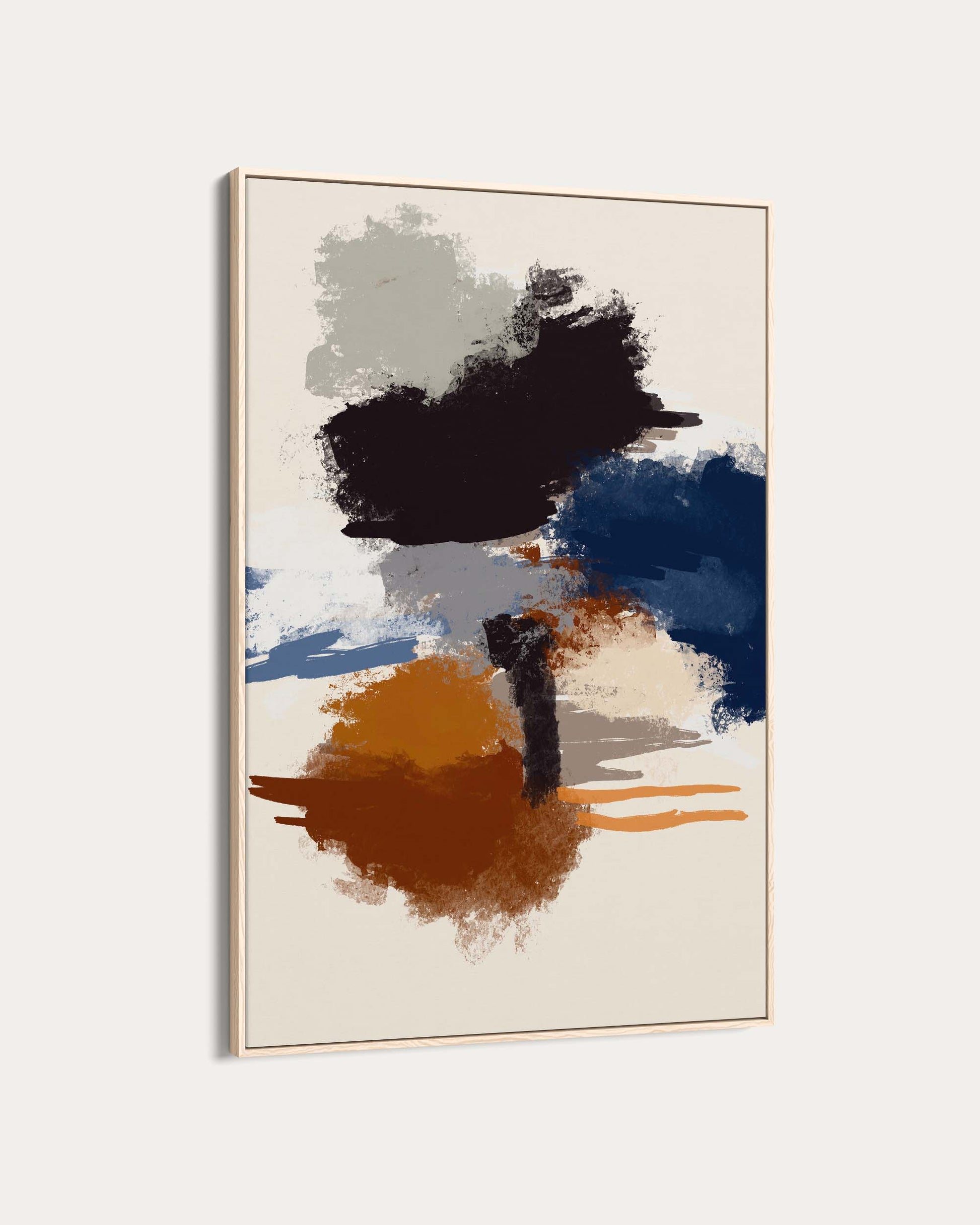 Abstract art print with black, blue, and orange shapes on a beige background