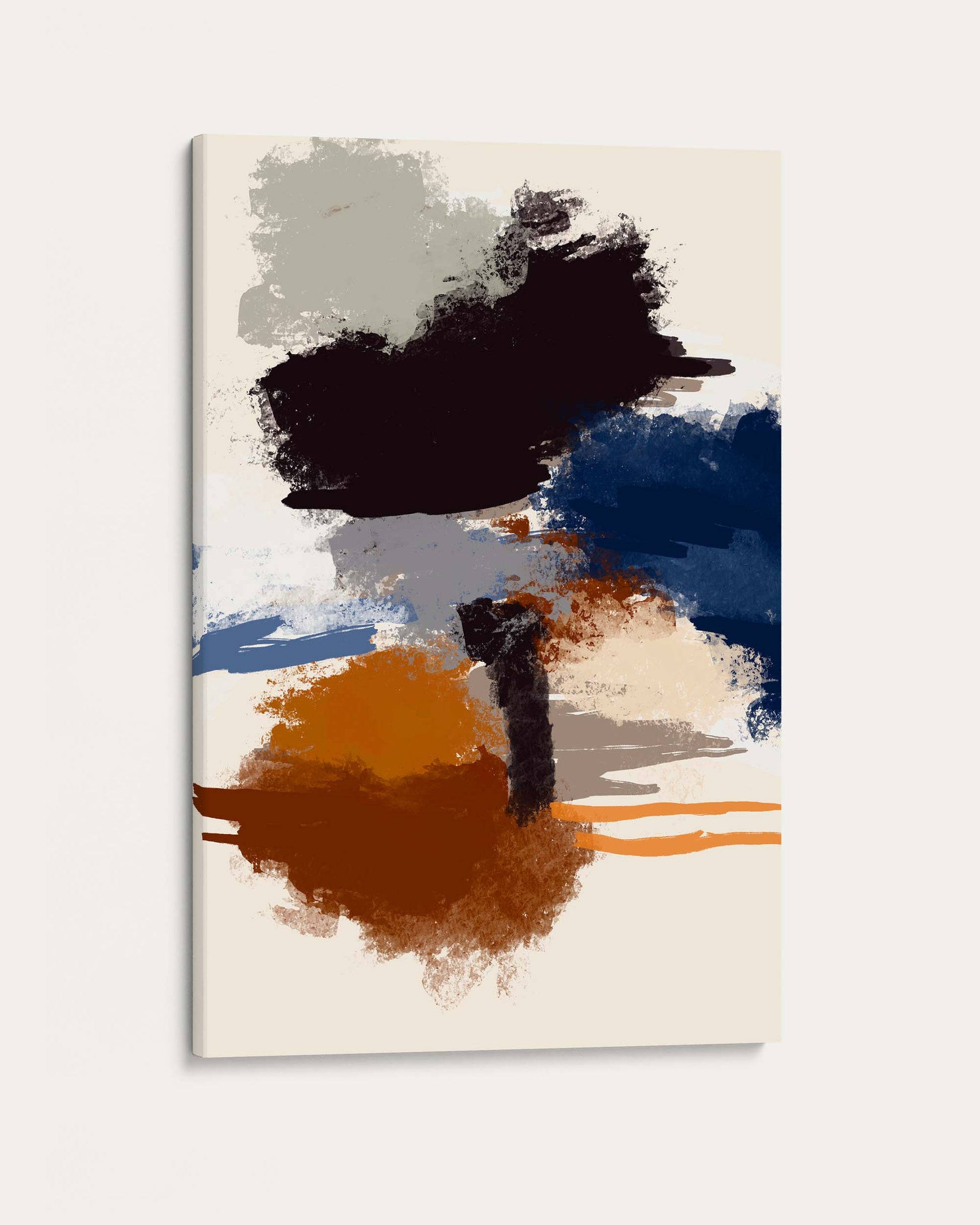 Abstract art print with black, orange, and blue abstract shapes on a beige background