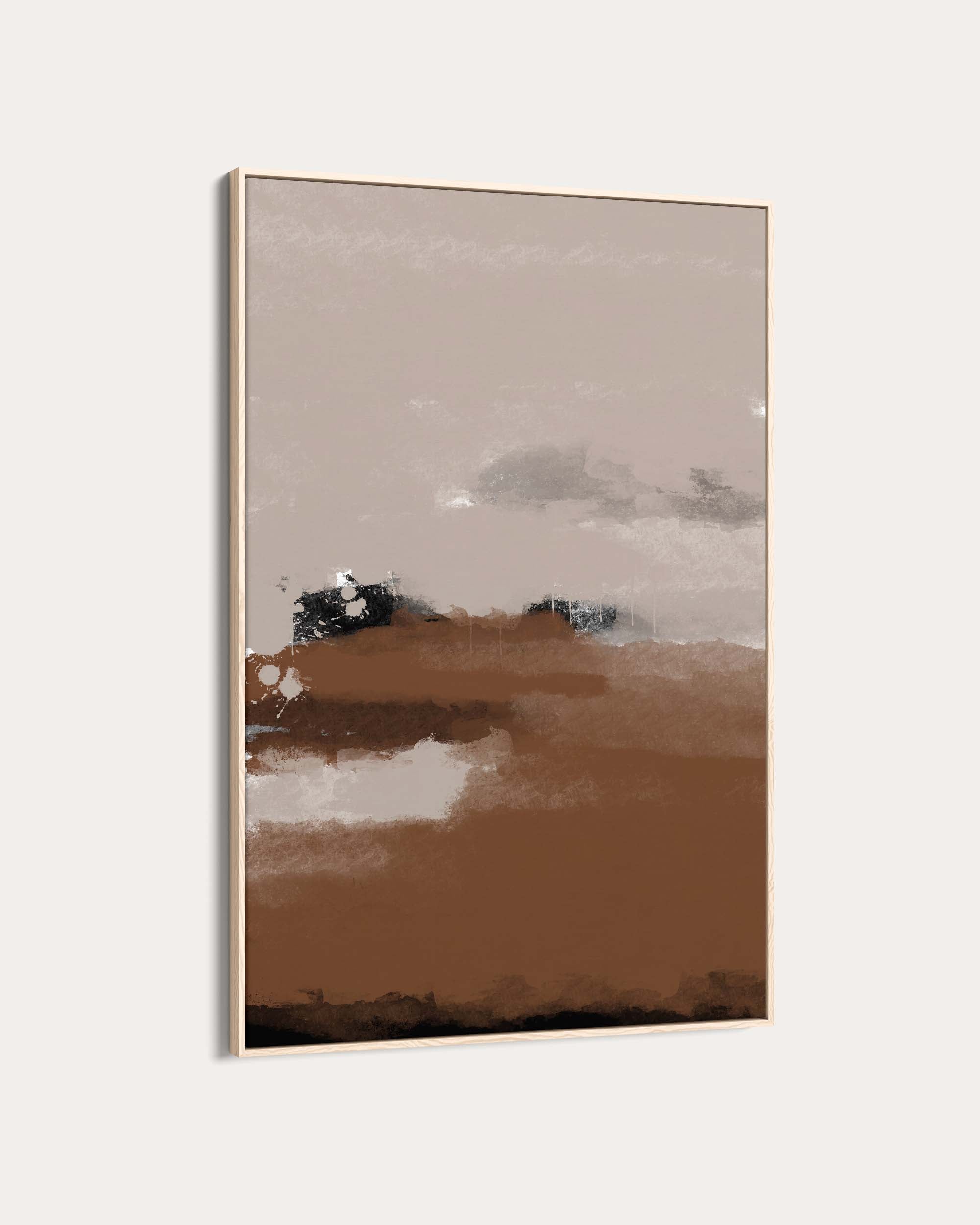 Abstract art piece with brown, beige, and gray colors on a white background