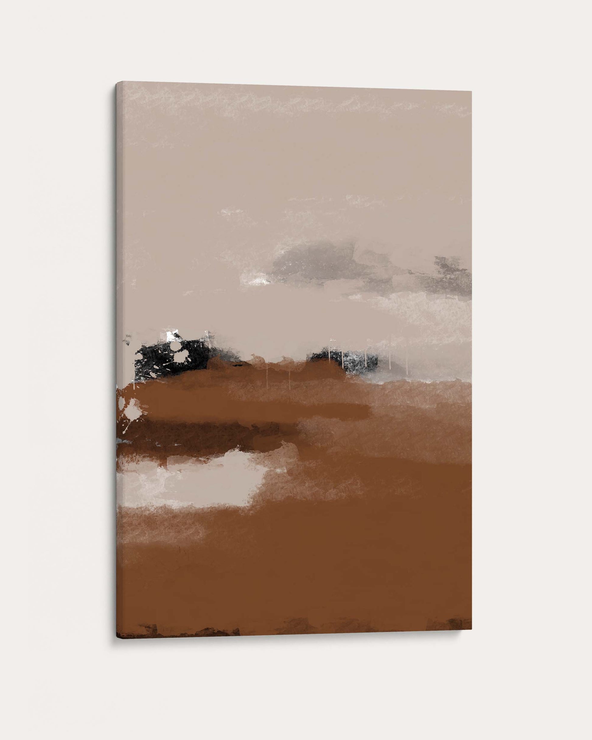Abstract art piece with brown, beige, and gray colors on a white background
