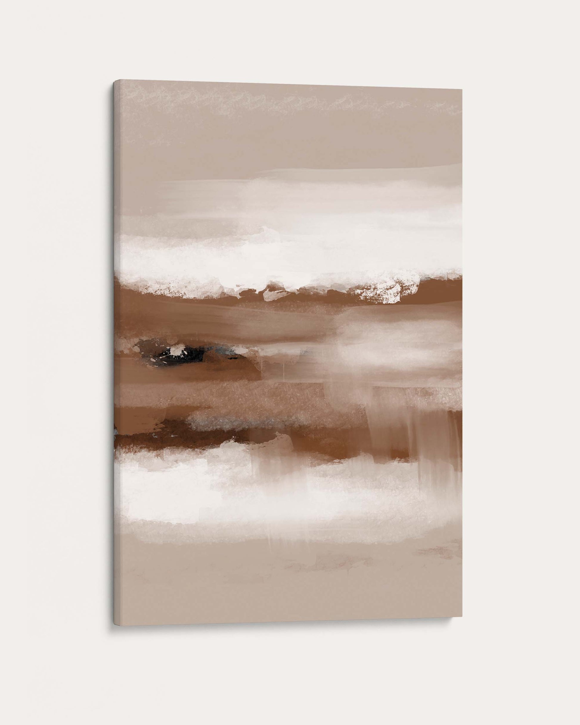 Abstract art piece with horizontal brushstrokes in brown, white, and beige on a light gray background.