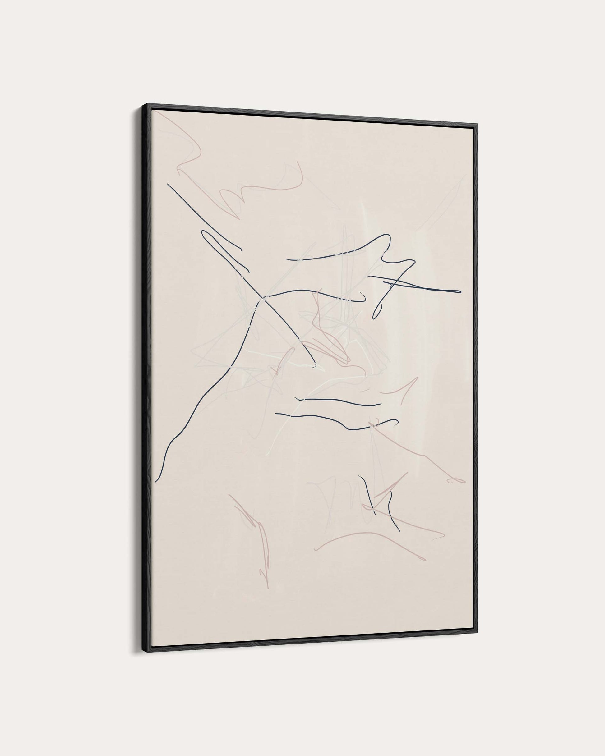 Abstract line art in a black frame on a beige background