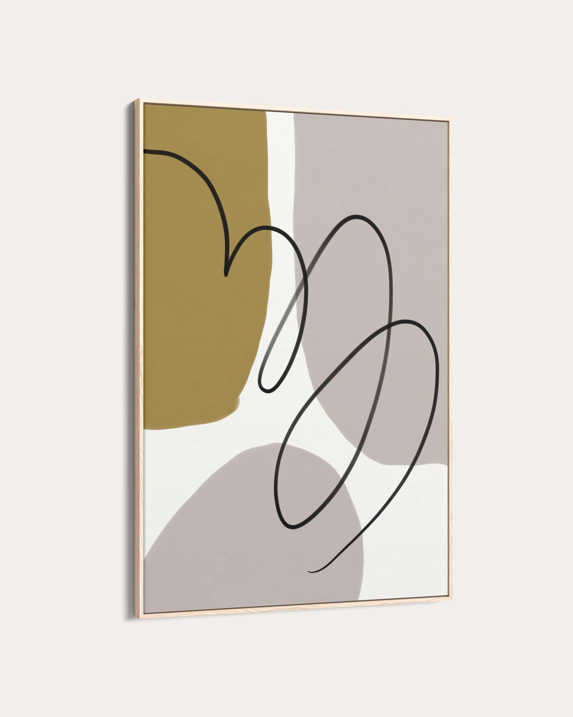 Abstract art print with geometric shapes and a gold frame on a light gray background