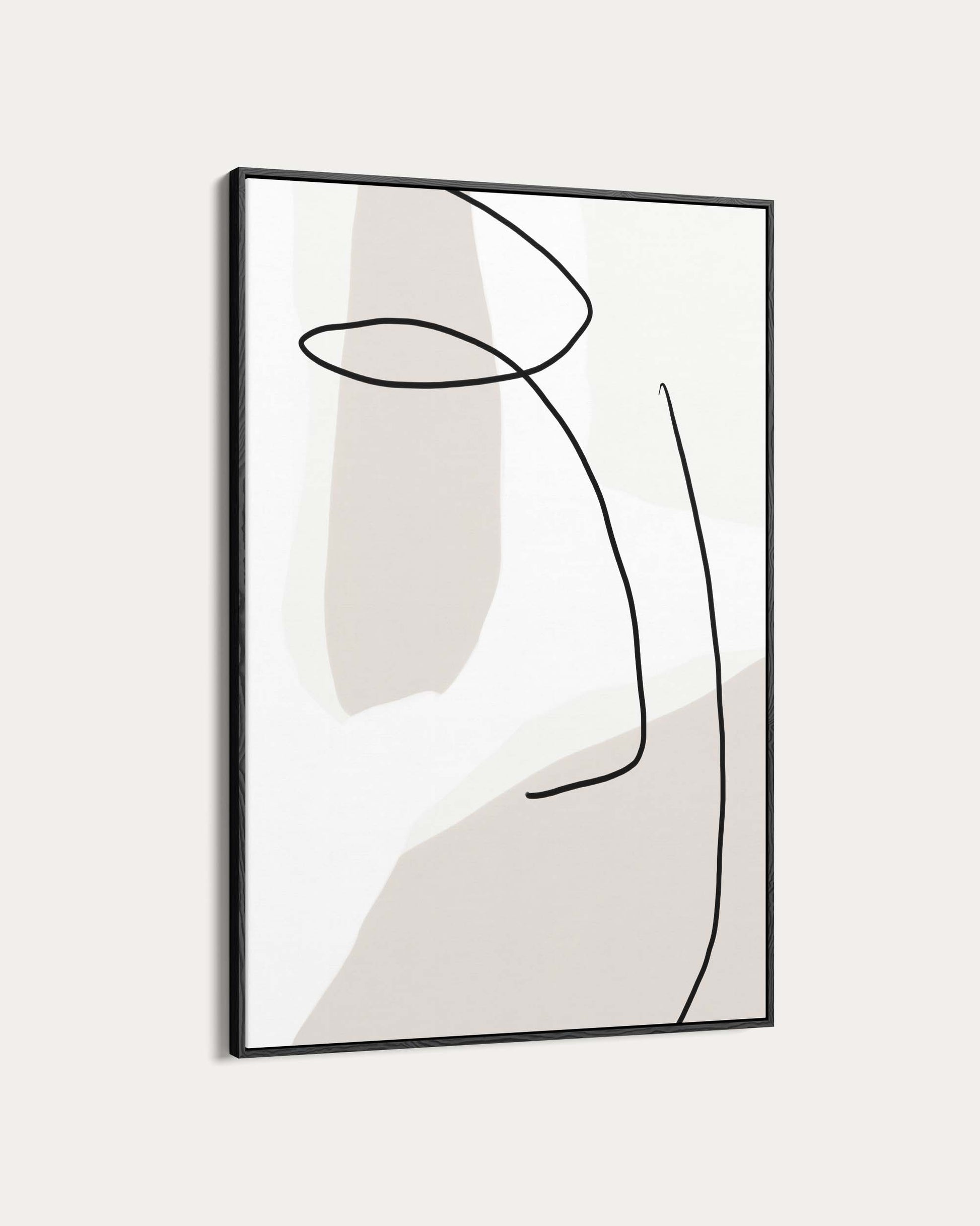 Abstract line art of a person in a black frame on a light gray background