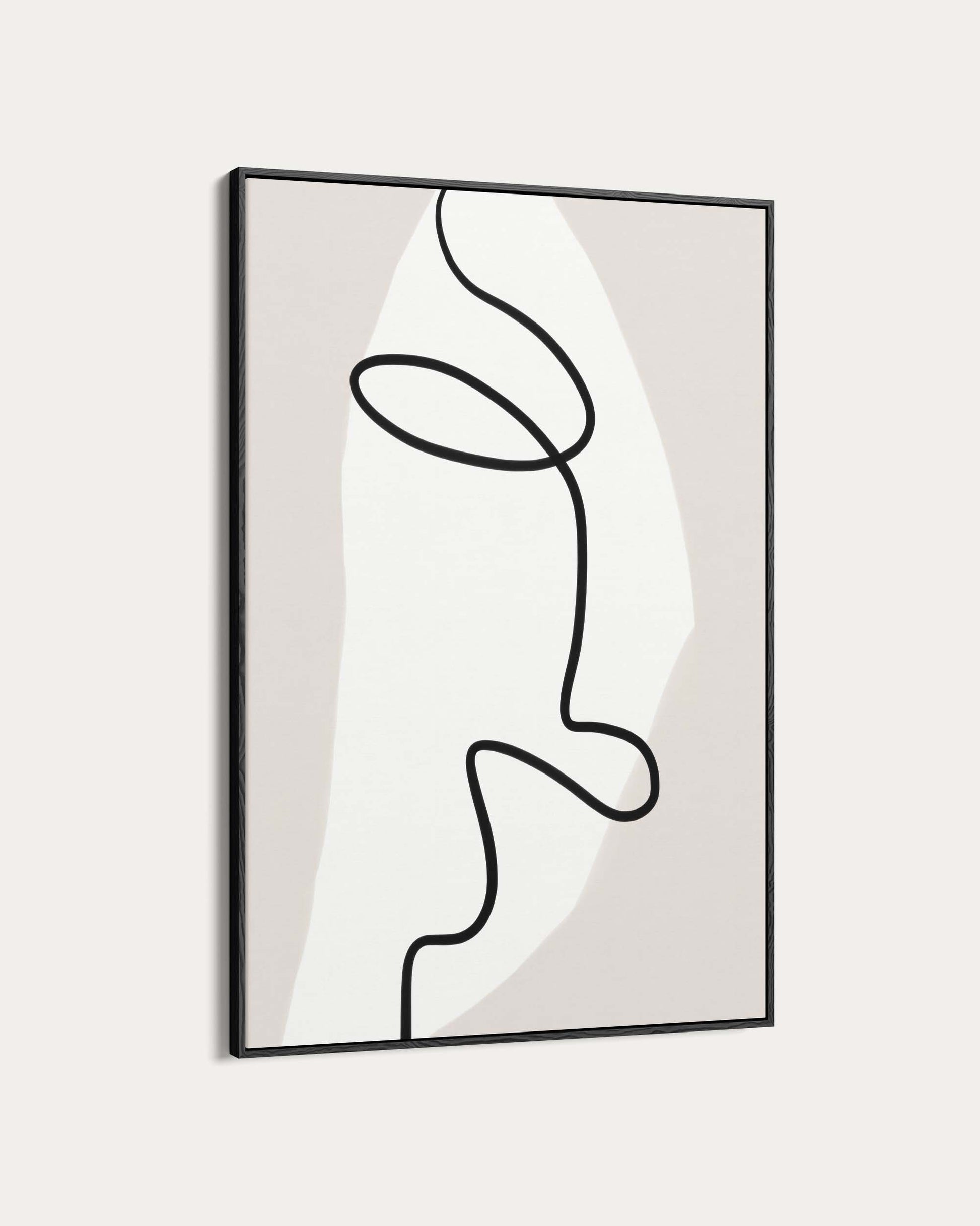Framed abstract line art of a face on a light gray background
