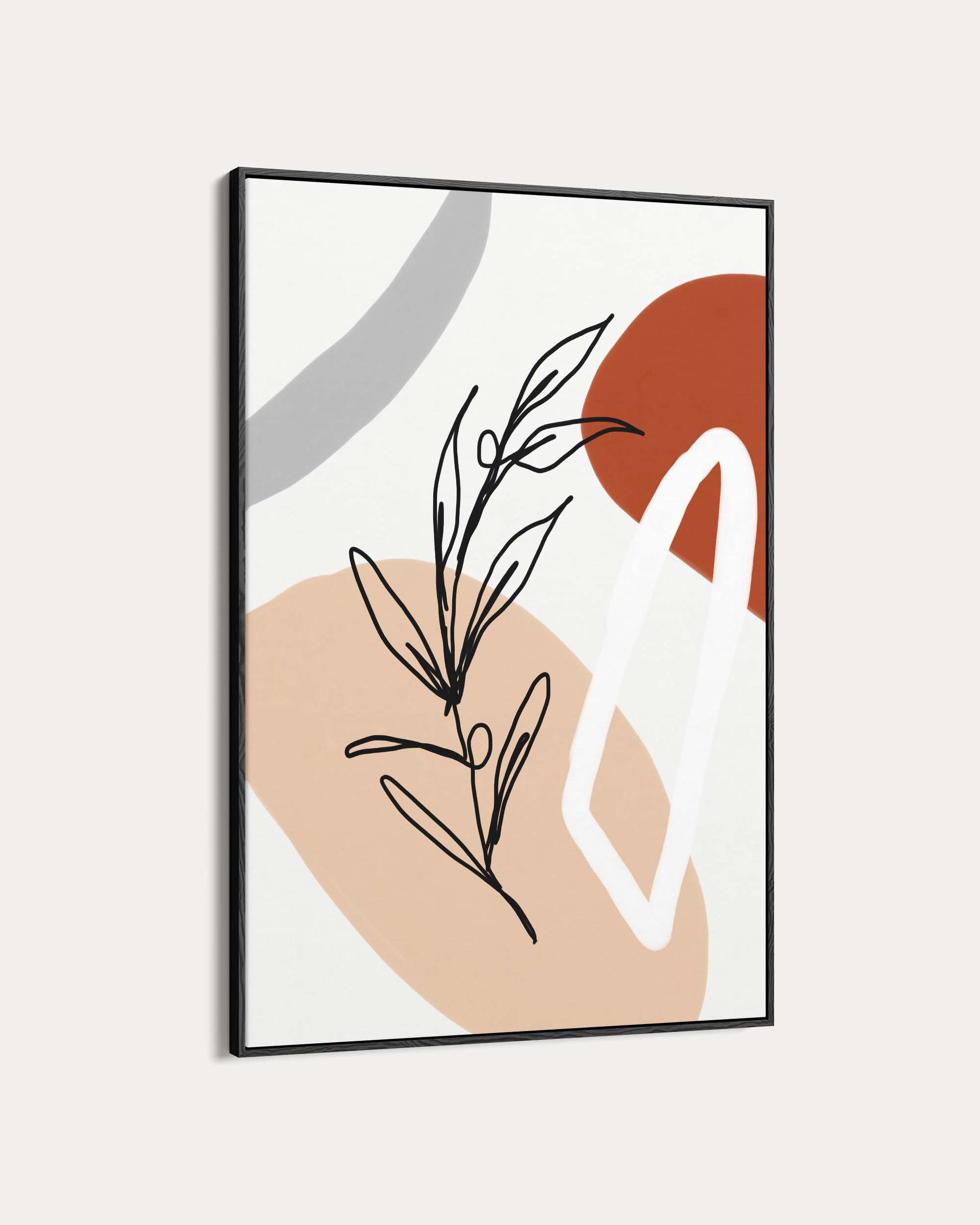 Framed abstract art with black leaf design, white abstract shape, and brown and beige shapes on a light gray background