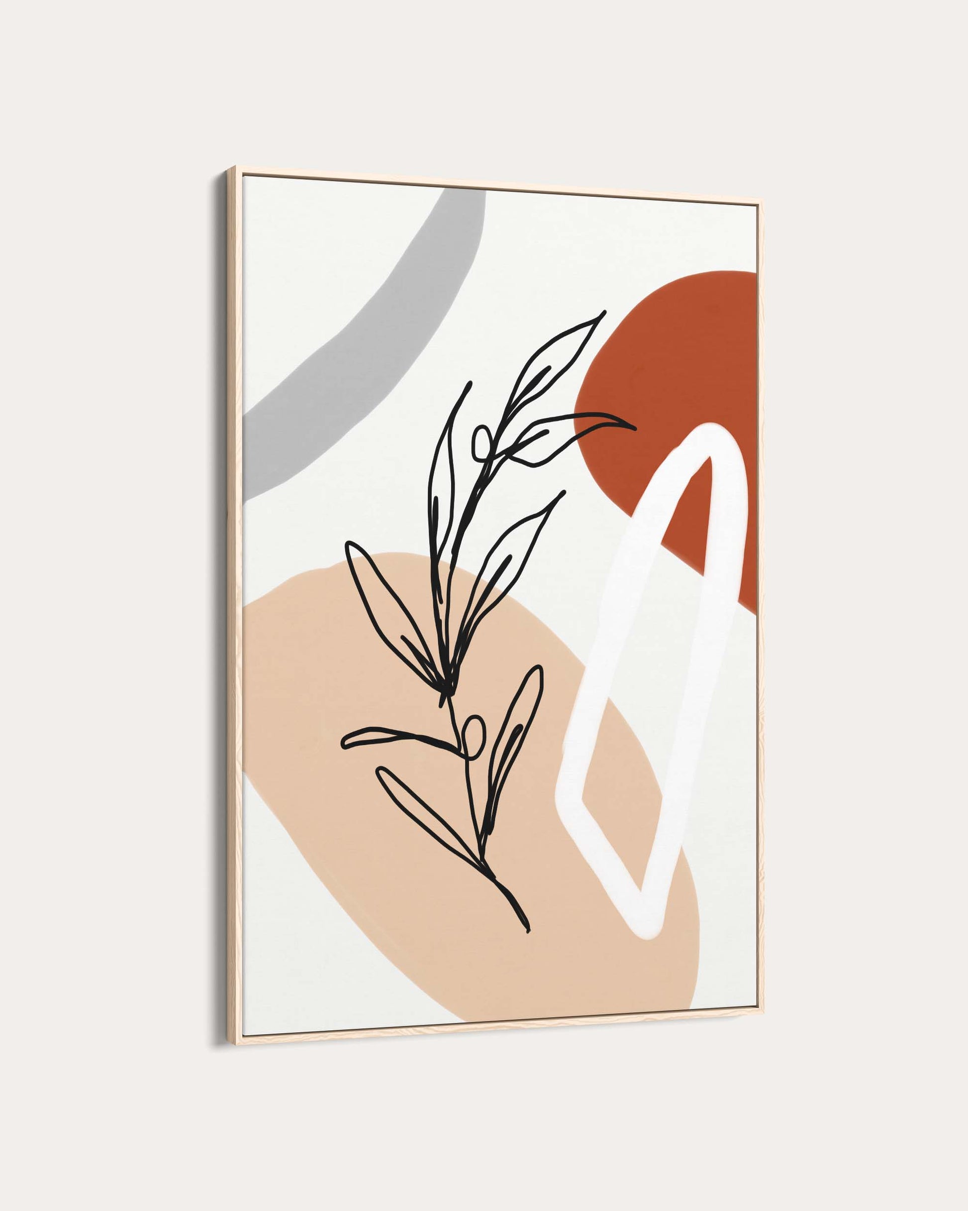 Abstract art print with black leaf-like shapes, white abstract design, and colorful abstract shapes on a light gray background.