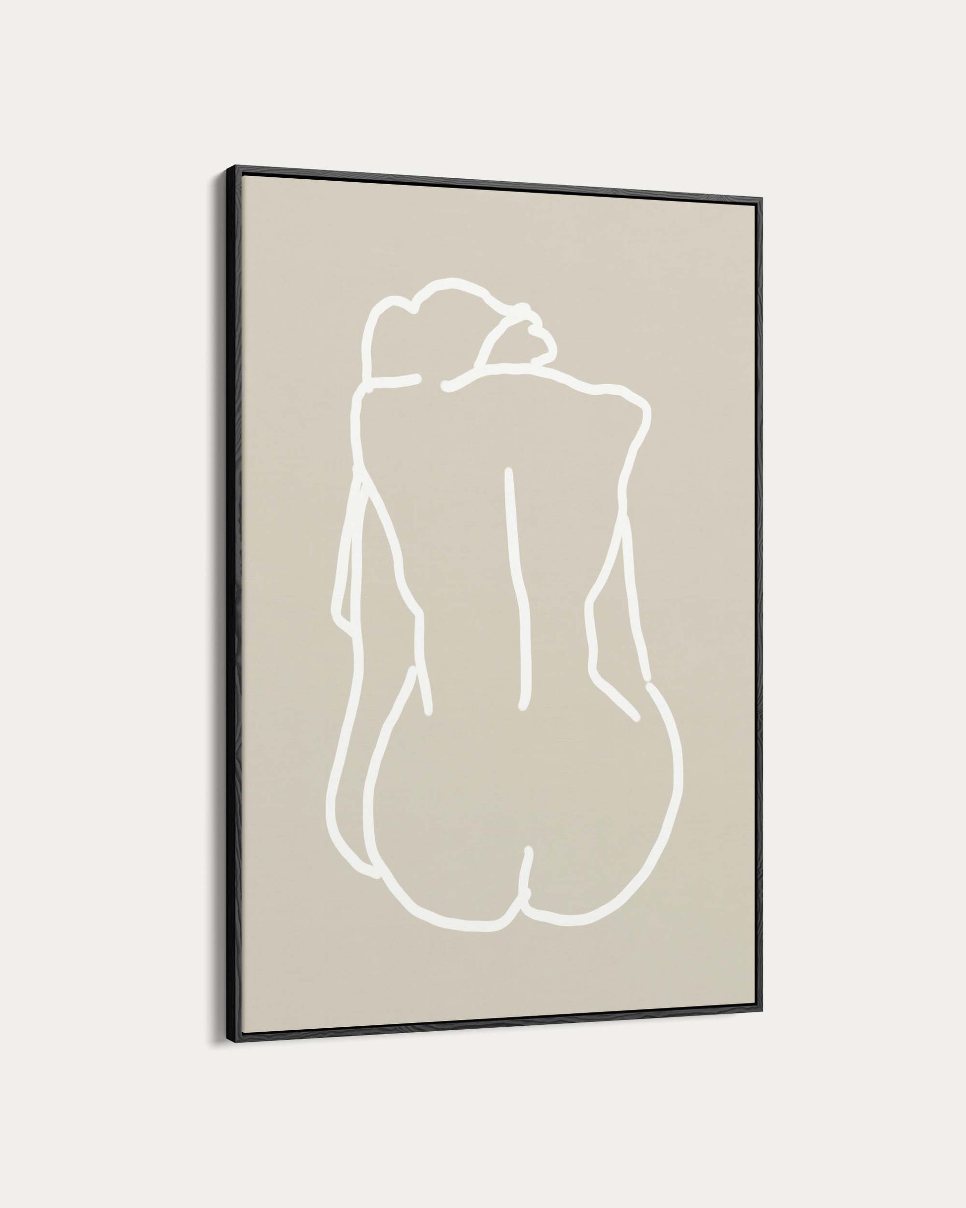 Framed abstract line art of a nude figure on a beige background