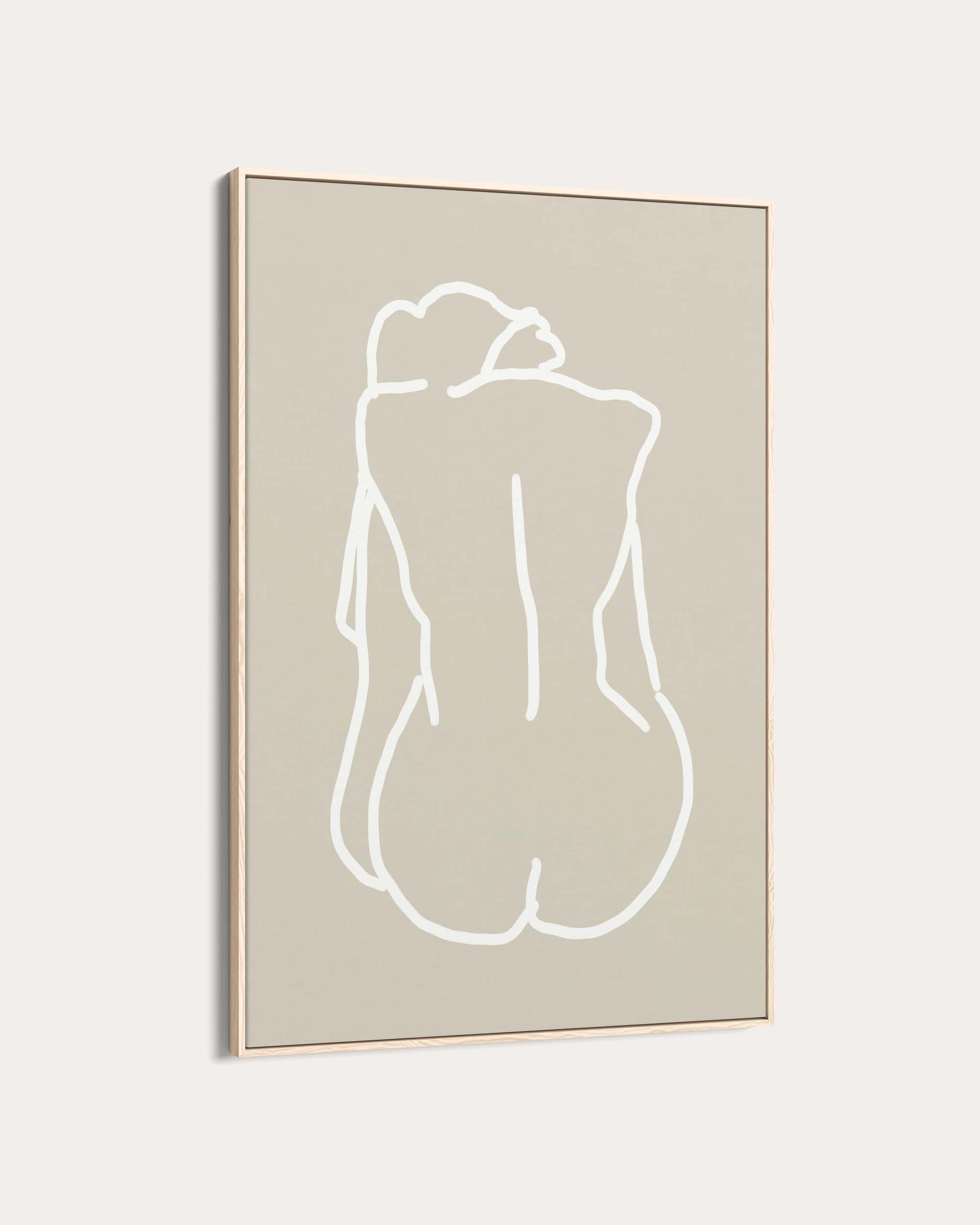 Framed abstract line art of a nude figure on a beige background
