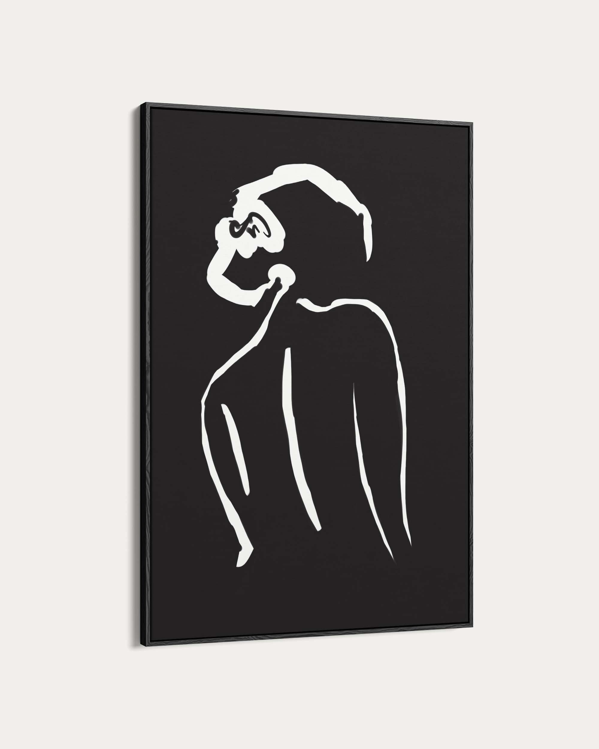 Framed black and white abstract artwork of a person on a light gray background
