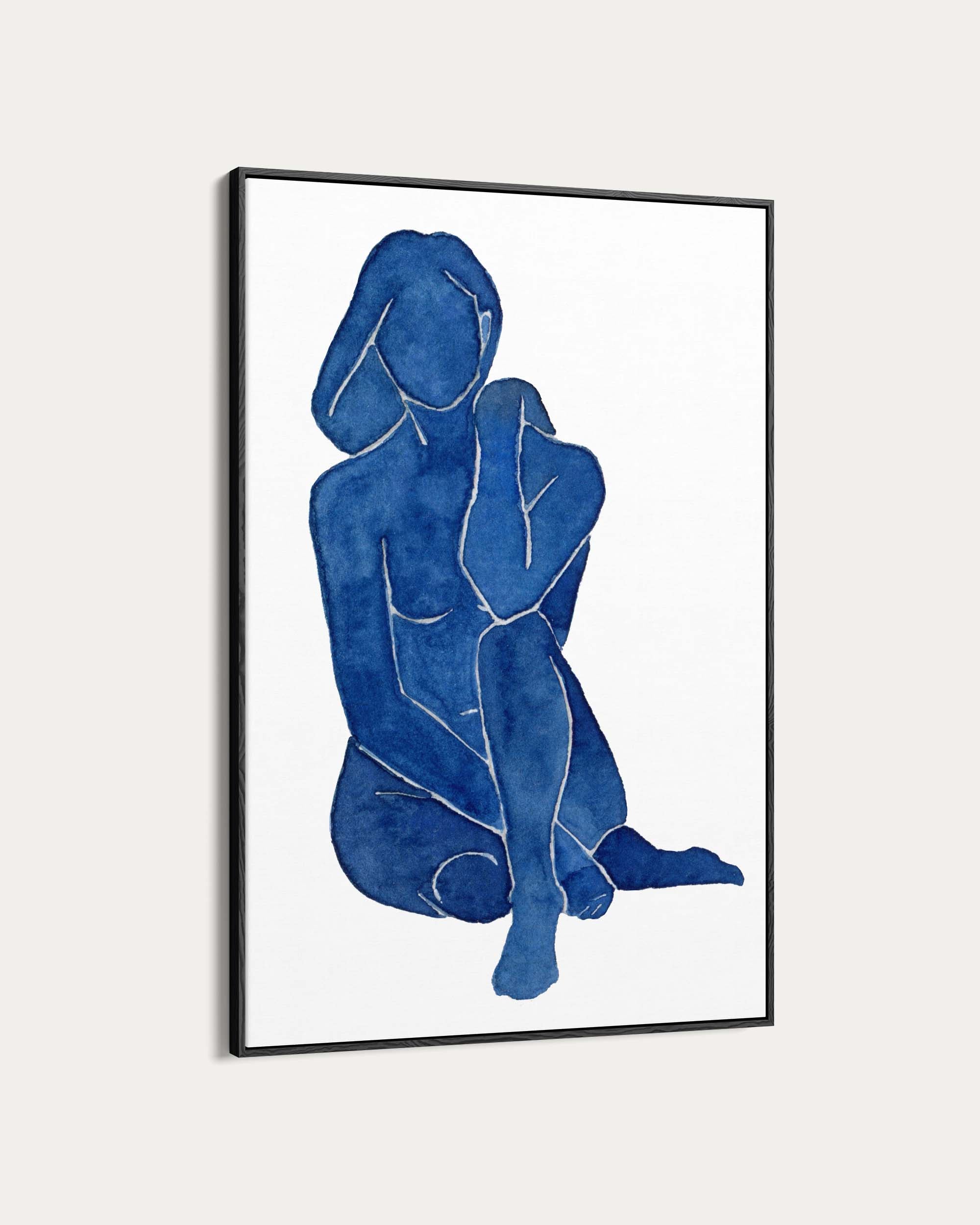 Framed artwork of a blue abstract figure on a white background