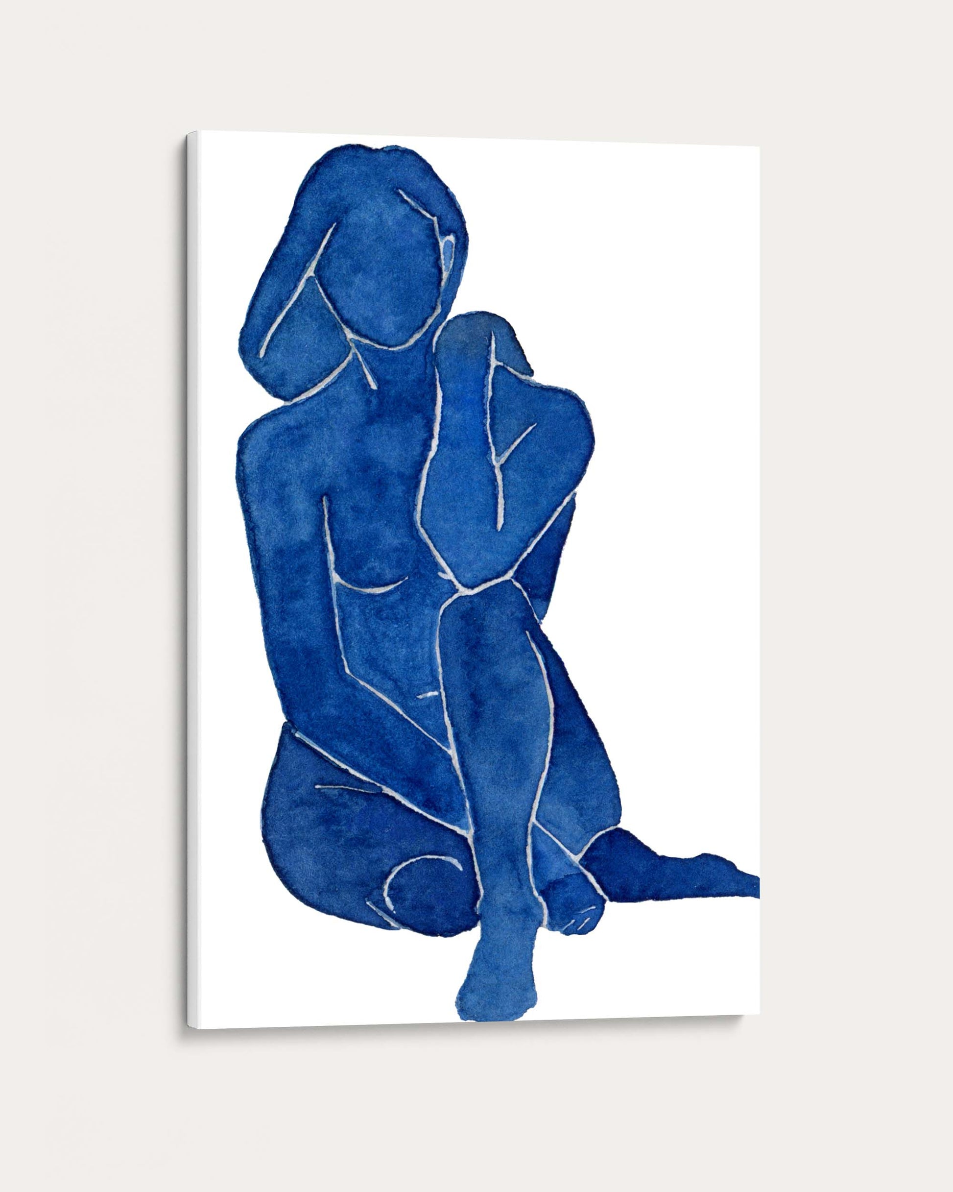 Blue abstract painting of a nude figure on a white background