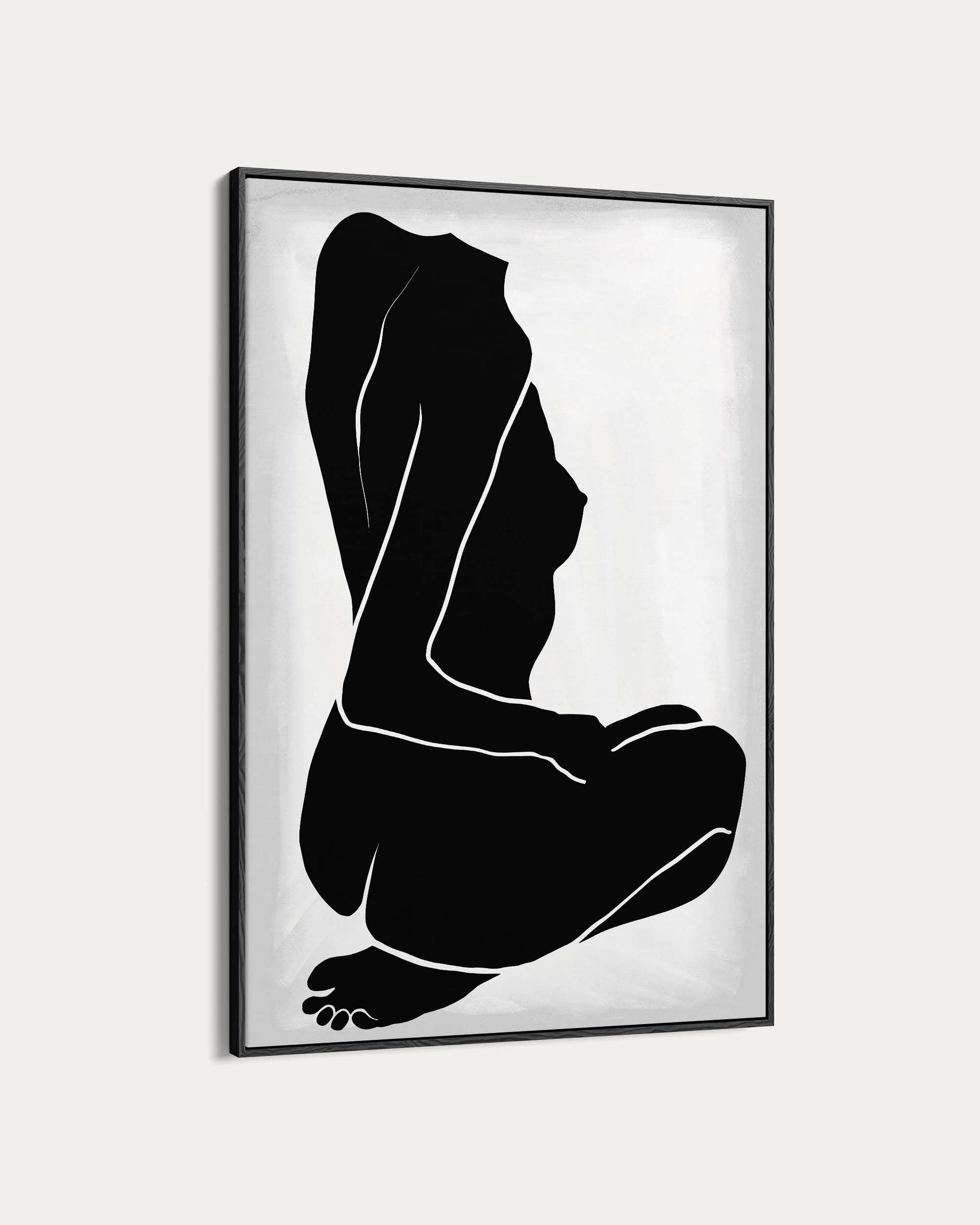 Framed black and white abstract art of a nude figure on a light gray background