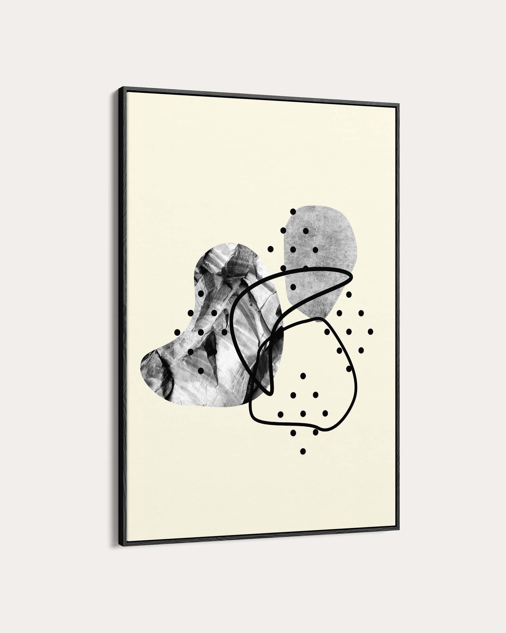 Abstract black and white artwork on a beige background