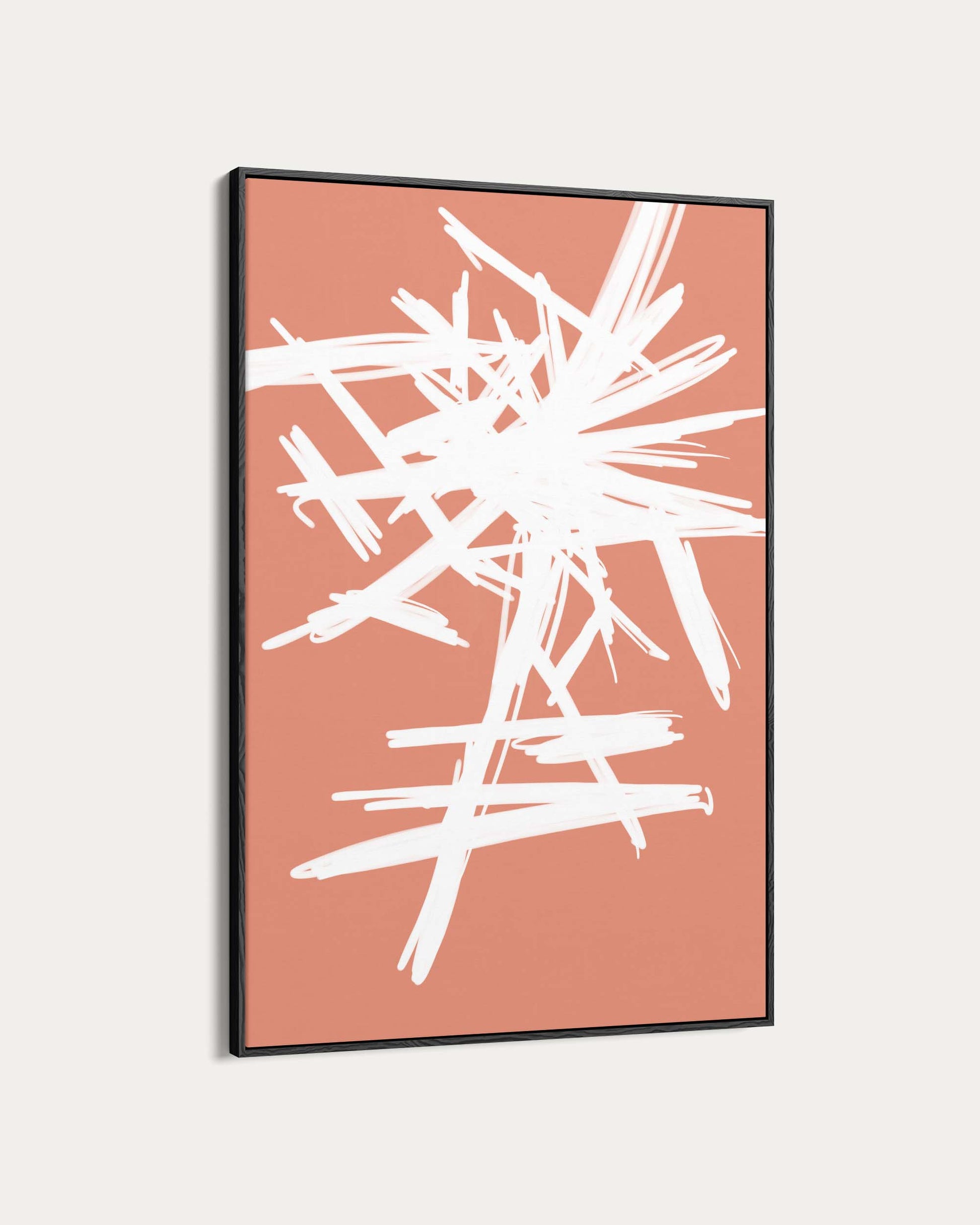 Framed abstract art print with white strokes on a pink background