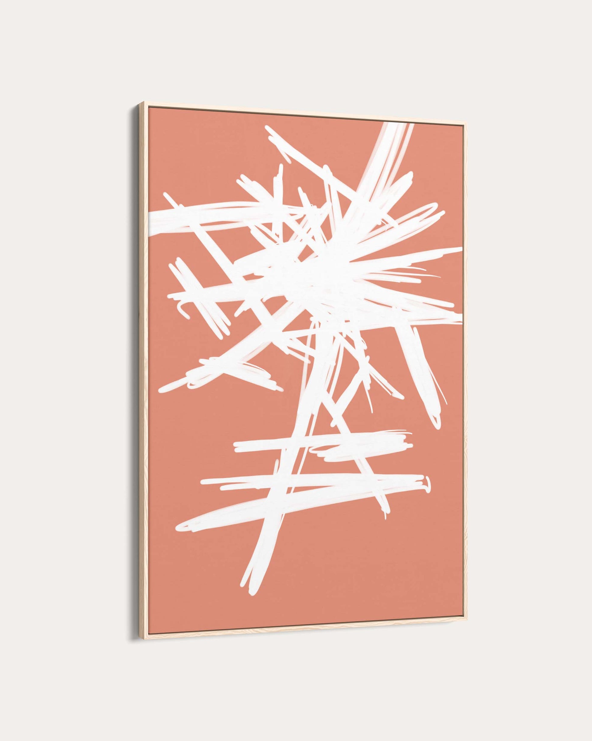 Abstract art print with white strokes on a coral background