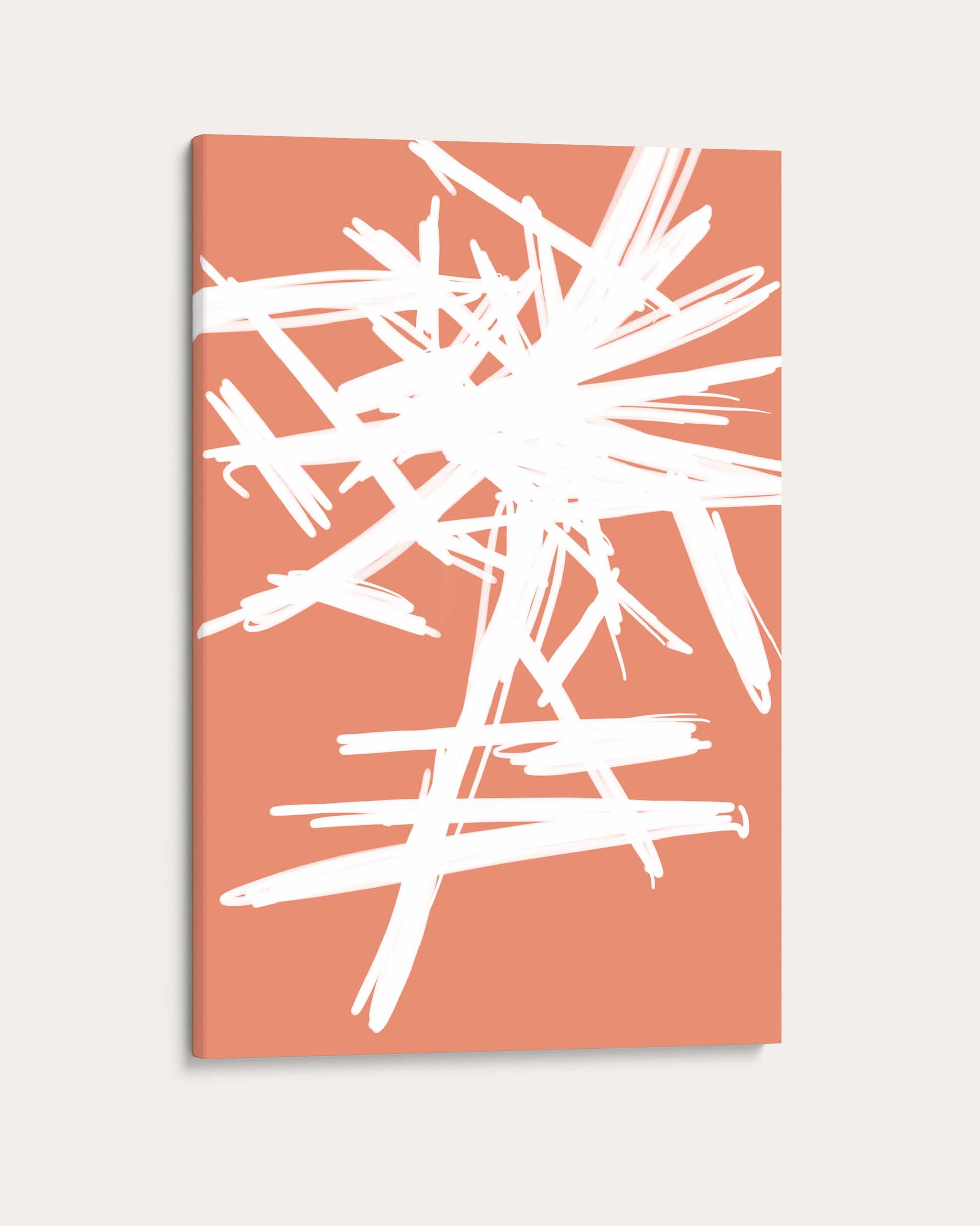 Canvas print with white abstract brush strokes on a coral background