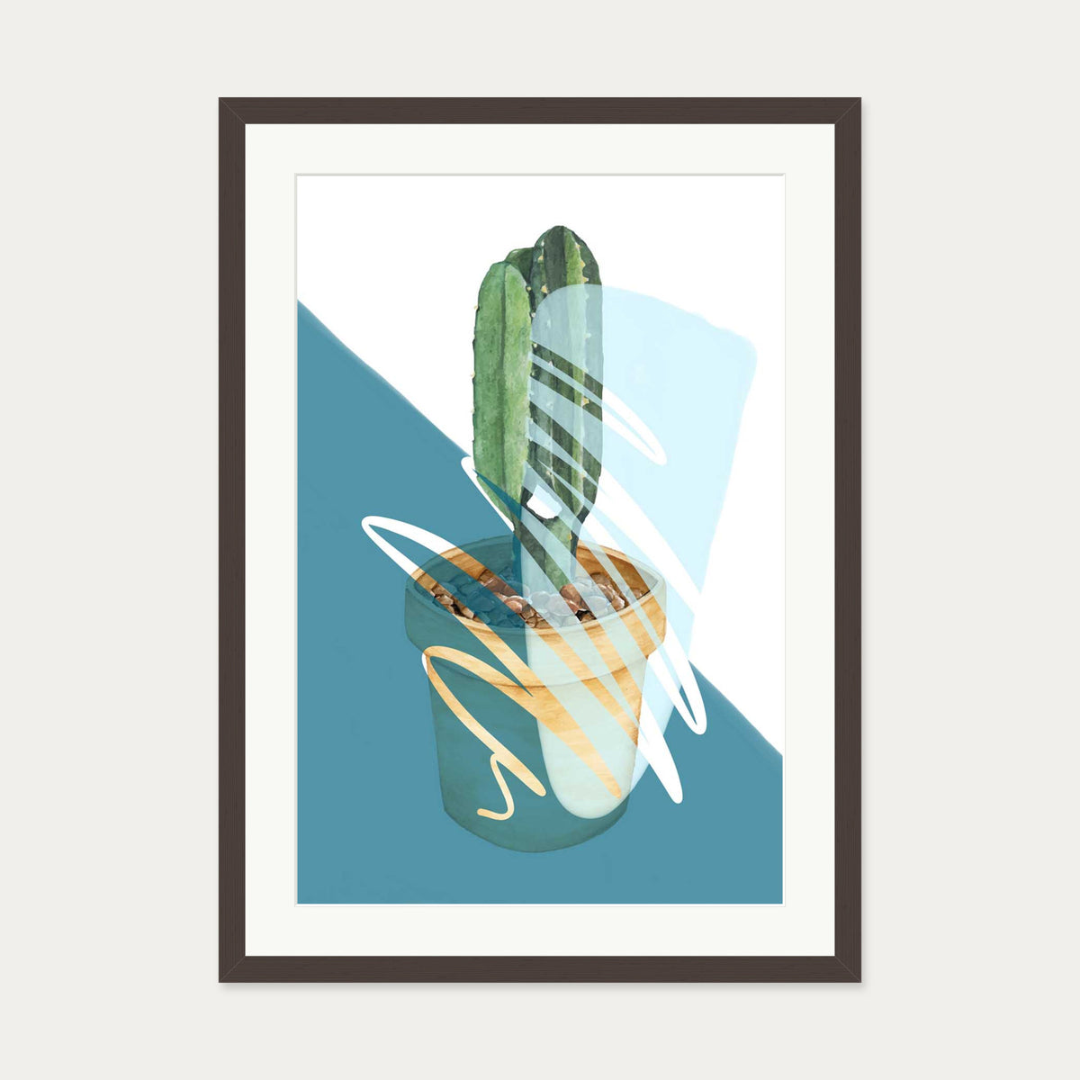 Cactus In A Pot Art Print — 50 x 70 cm — Brown Frame
