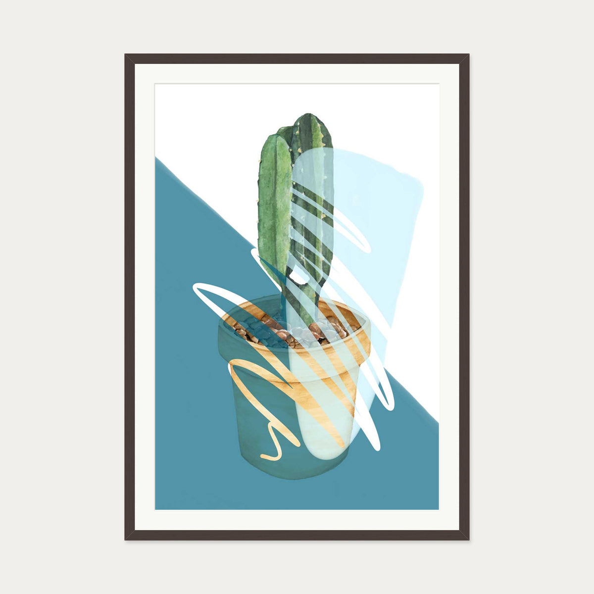 Cactus In A Pot Art Print — 70 x 100 cm — Brown Frame
