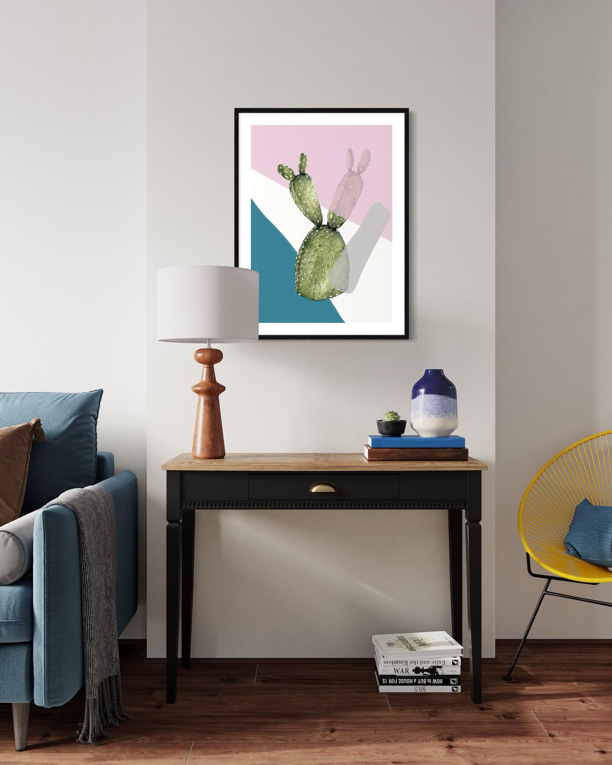 Modern living room with a console table, lamp, and colorful abstract art on the wall.