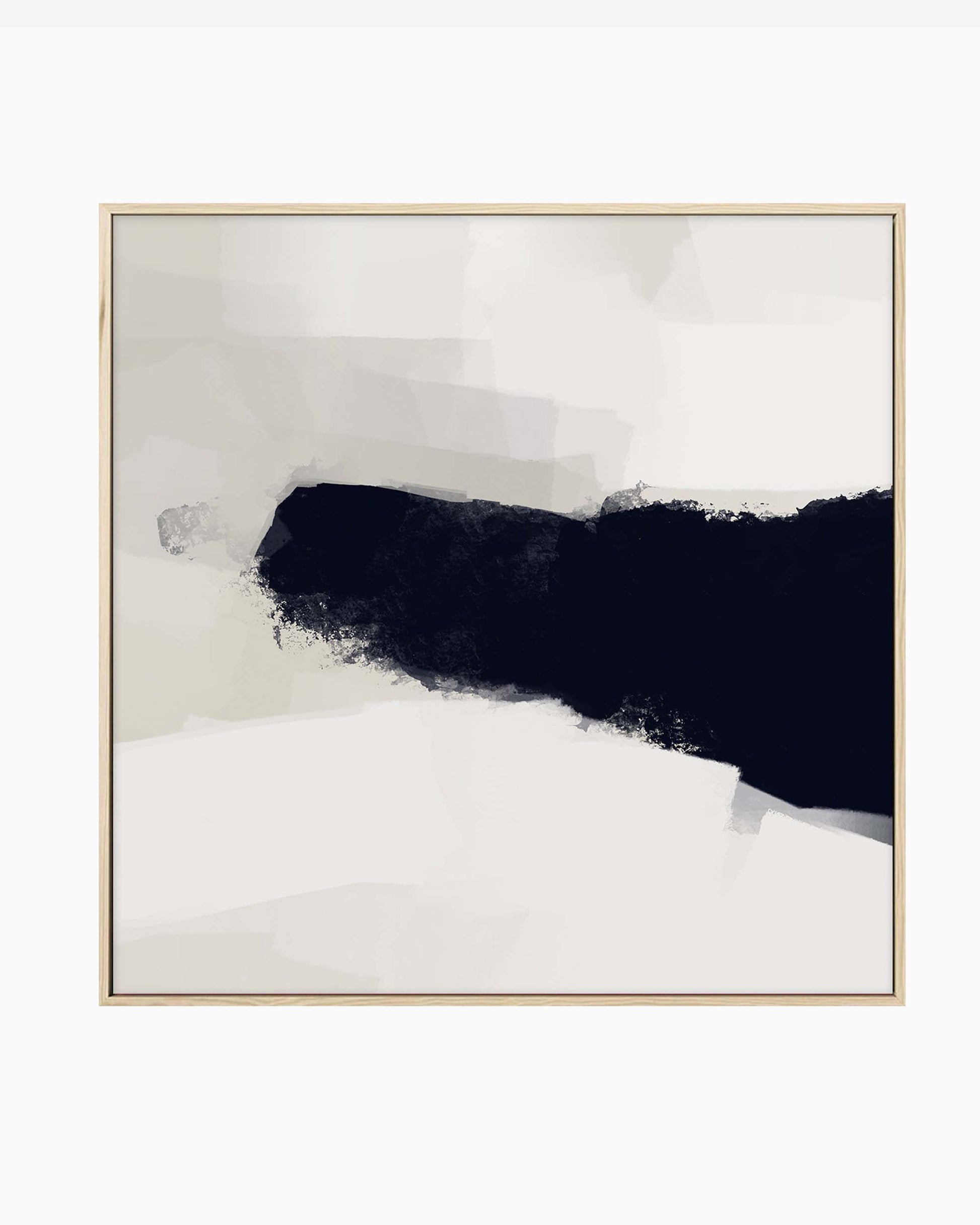 A framed canvas featuring an abstract design with black and white tones, displayed in a simple black frame.
