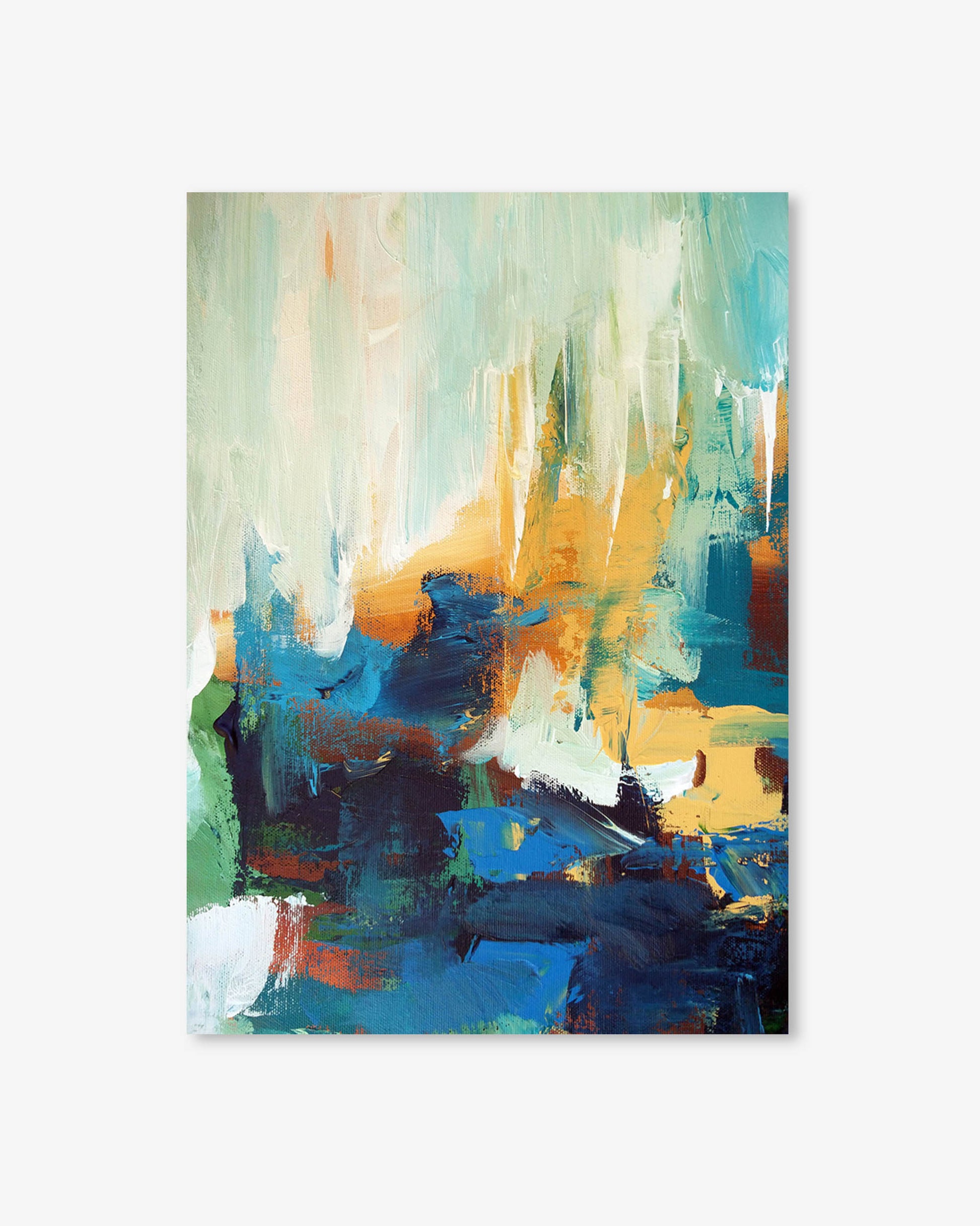 Abstract painting with a mix of blue, green, and yellow on a white background
