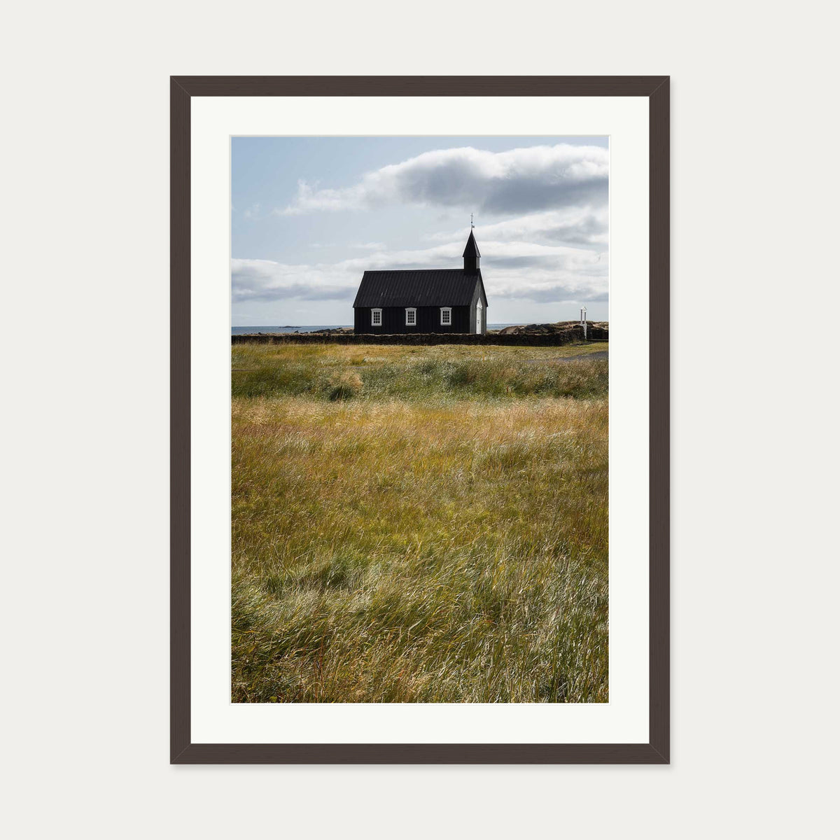 Church In A Field Wall Art Print — 50 x 70 cm — Brown Frame