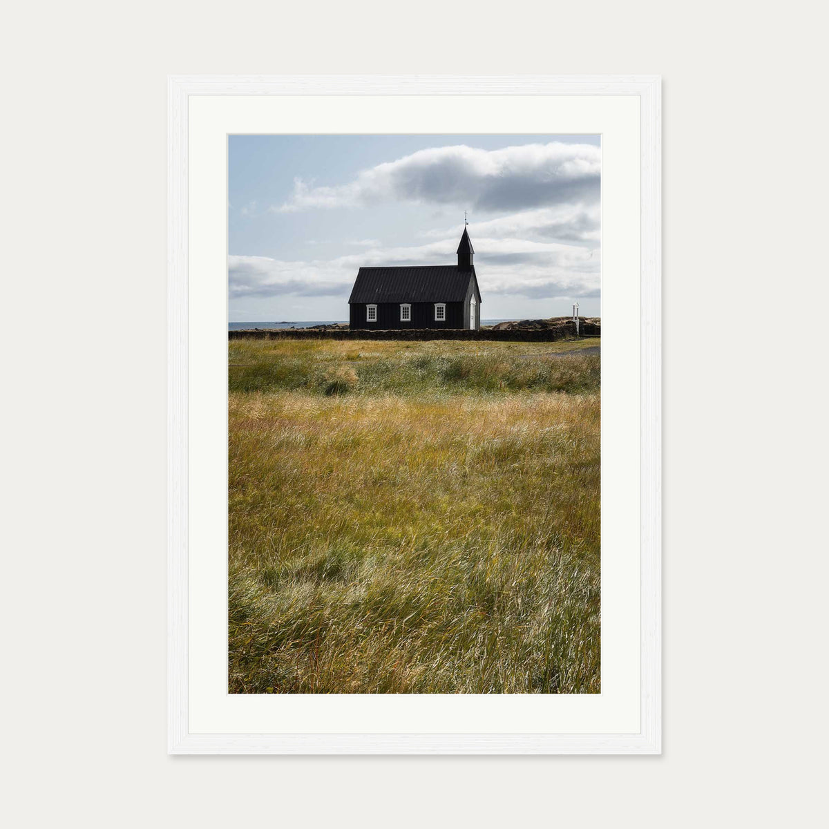 Church In A Field Wall Art Print — 50 x 70 cm — White Frame