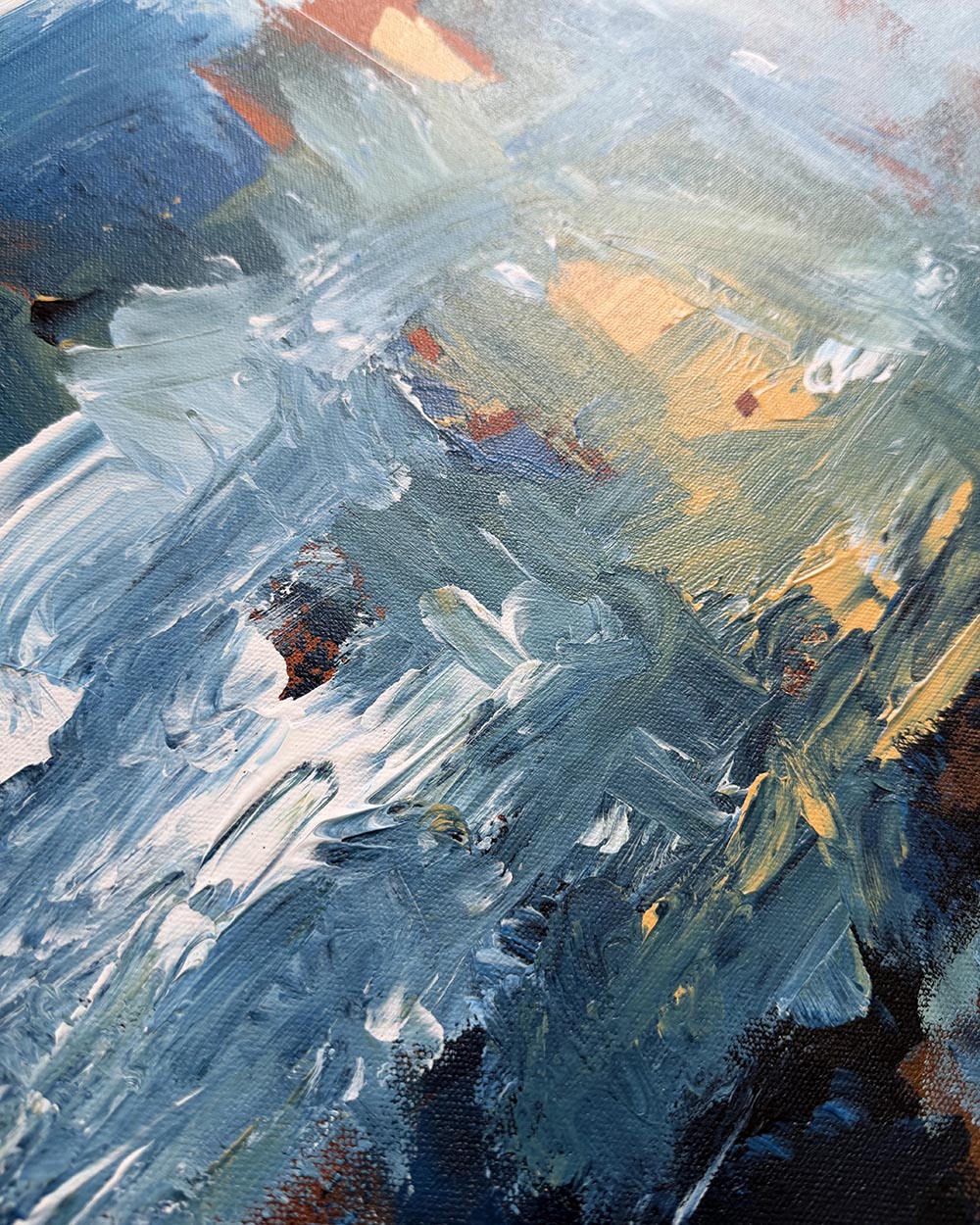 Abstract painting with a mix of blue, orange, and white colors.