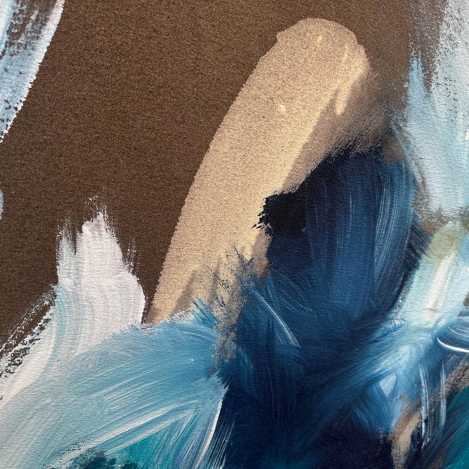 Close up detail photo of an original abstract painting with expressive brush strokes featuring a brown, taupe, blue and white colour palette.