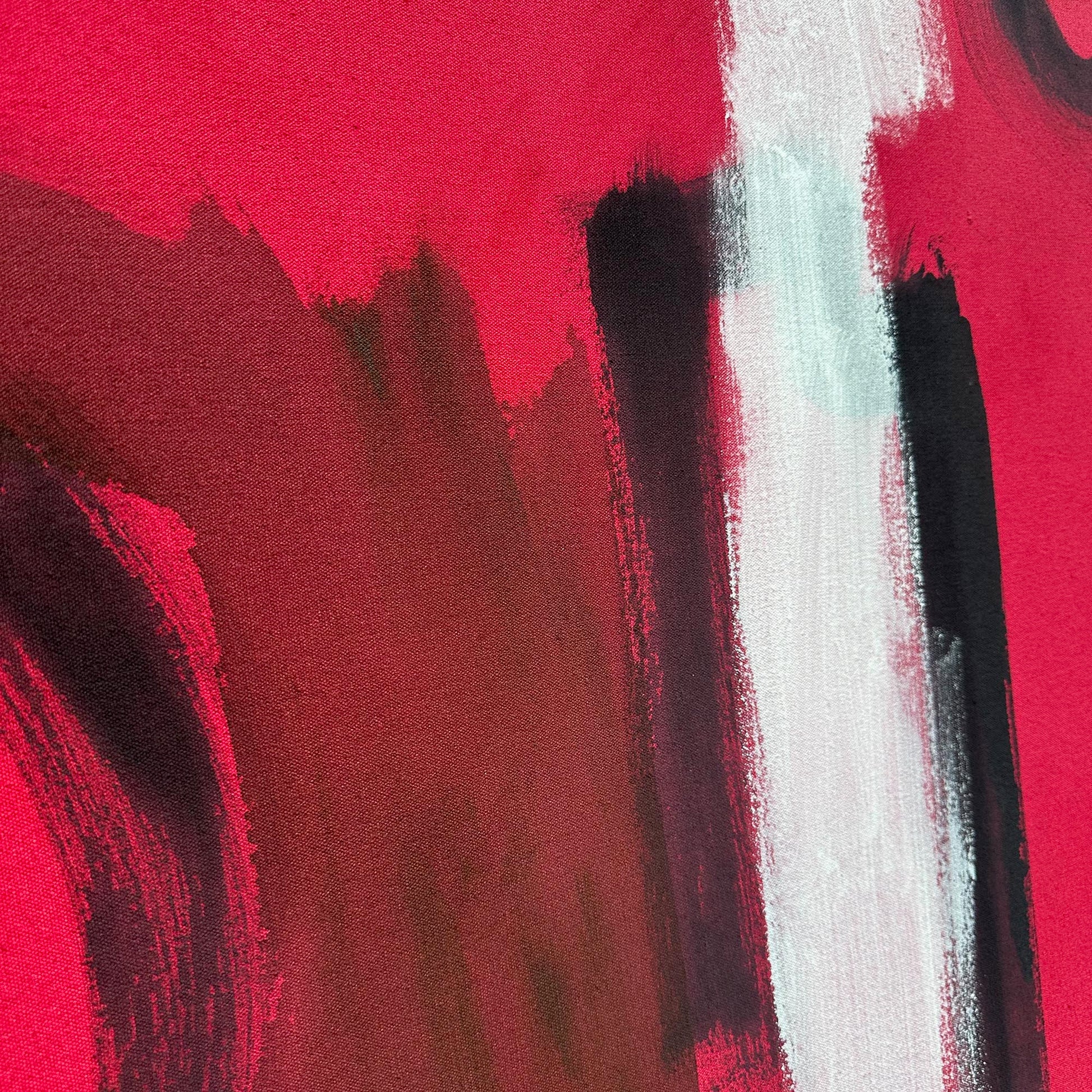 Close up detail of red bold striking abstract wall art painting. Handpainted by British artist Omar Obaid.