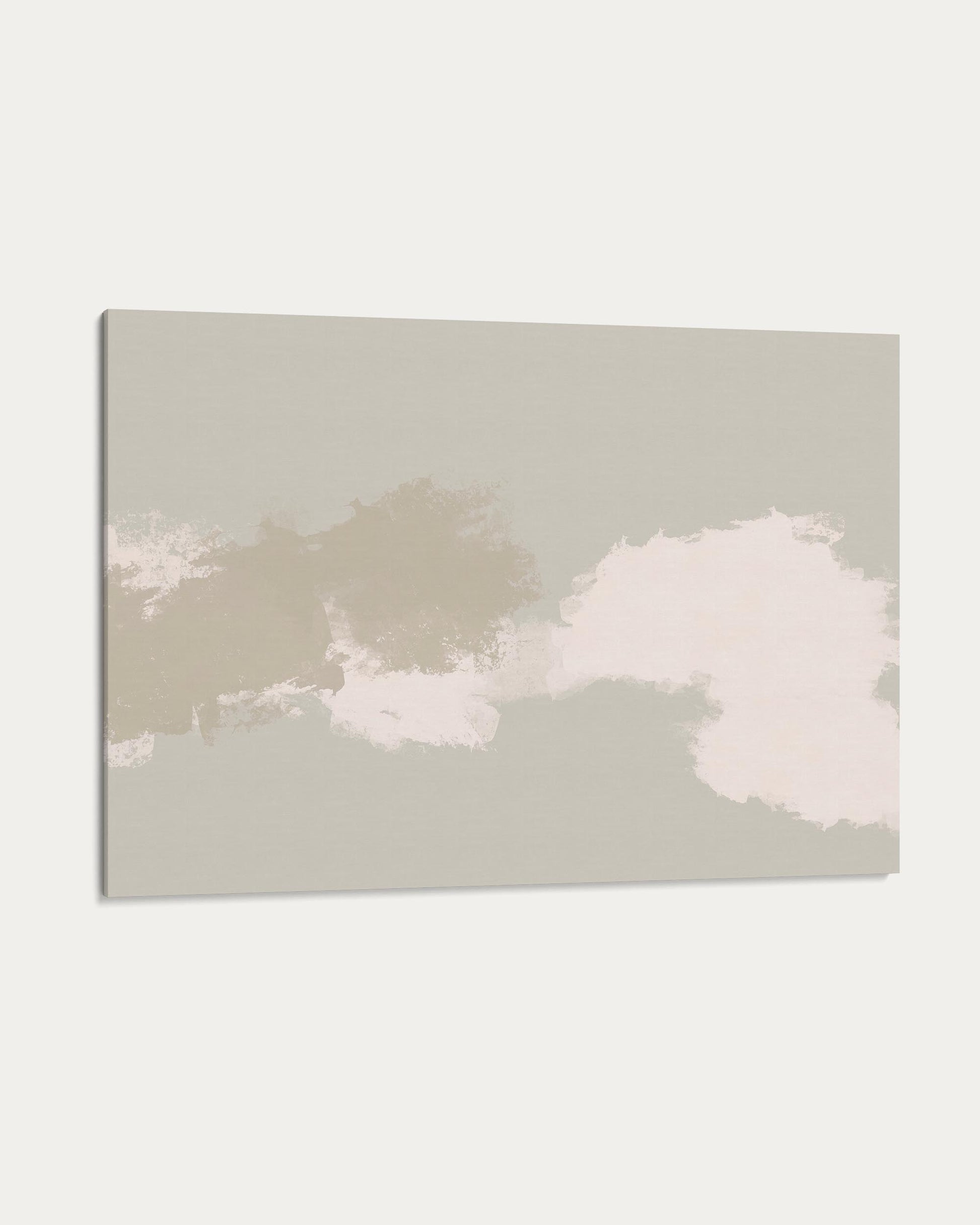 Abstract art piece with light beige and white shapes on a gray background