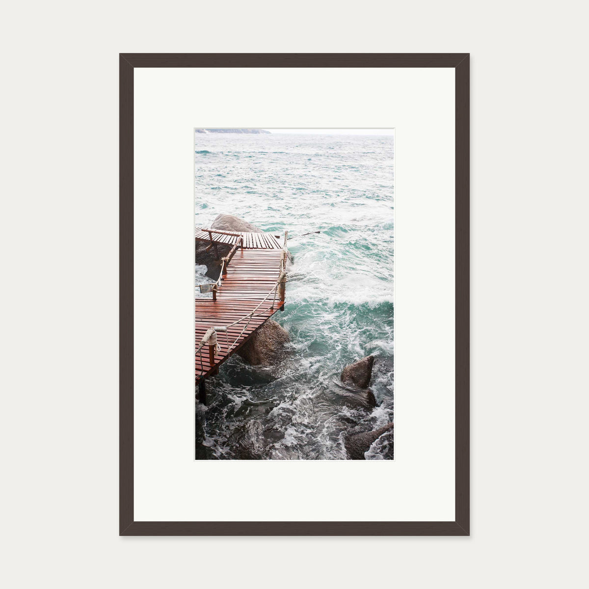 Coastal Waves On The Pier Art Print — 50 x 70 cm — Brown Frame