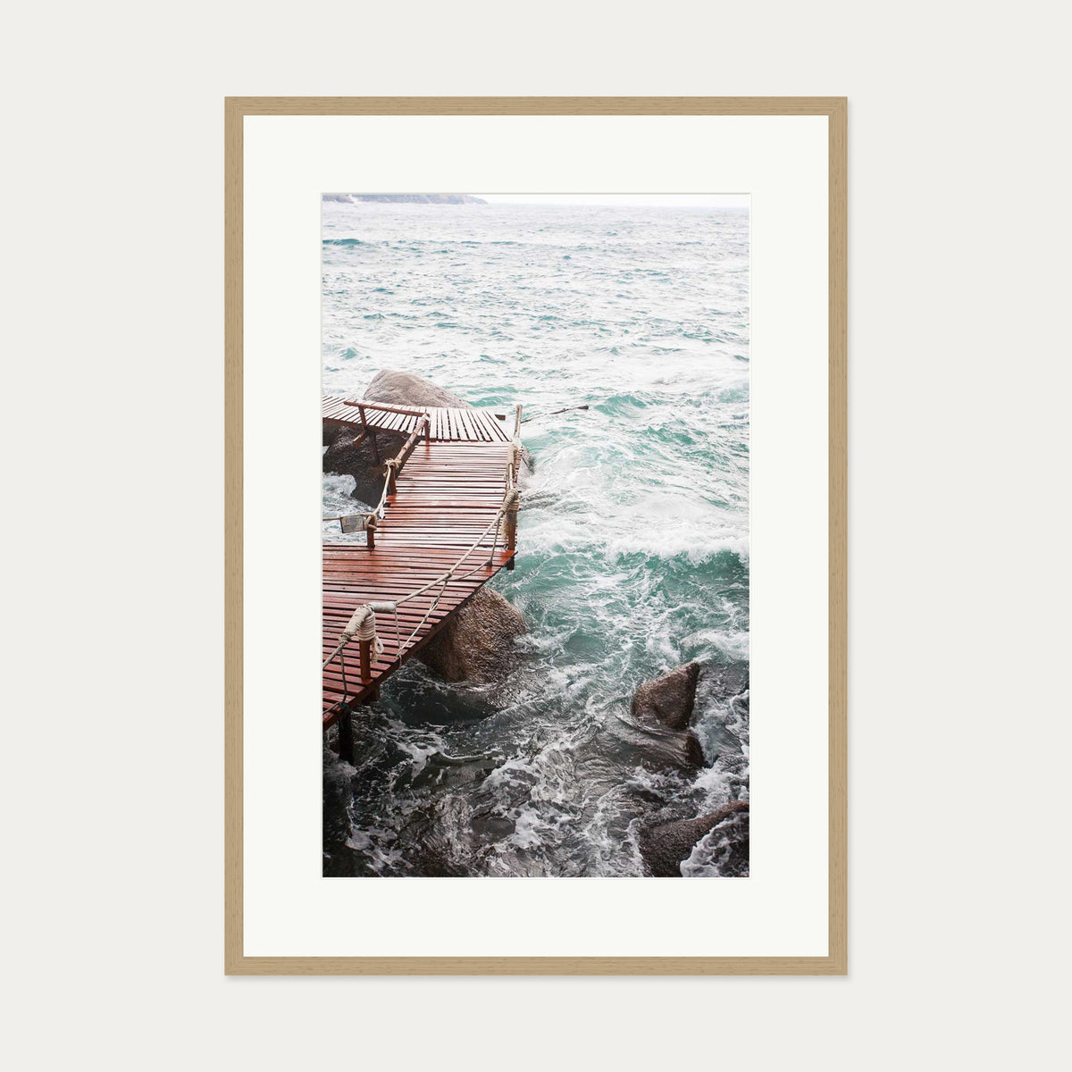 Coastal Waves On The Pier Art Print — 70 x 100 cm — Oak Frame