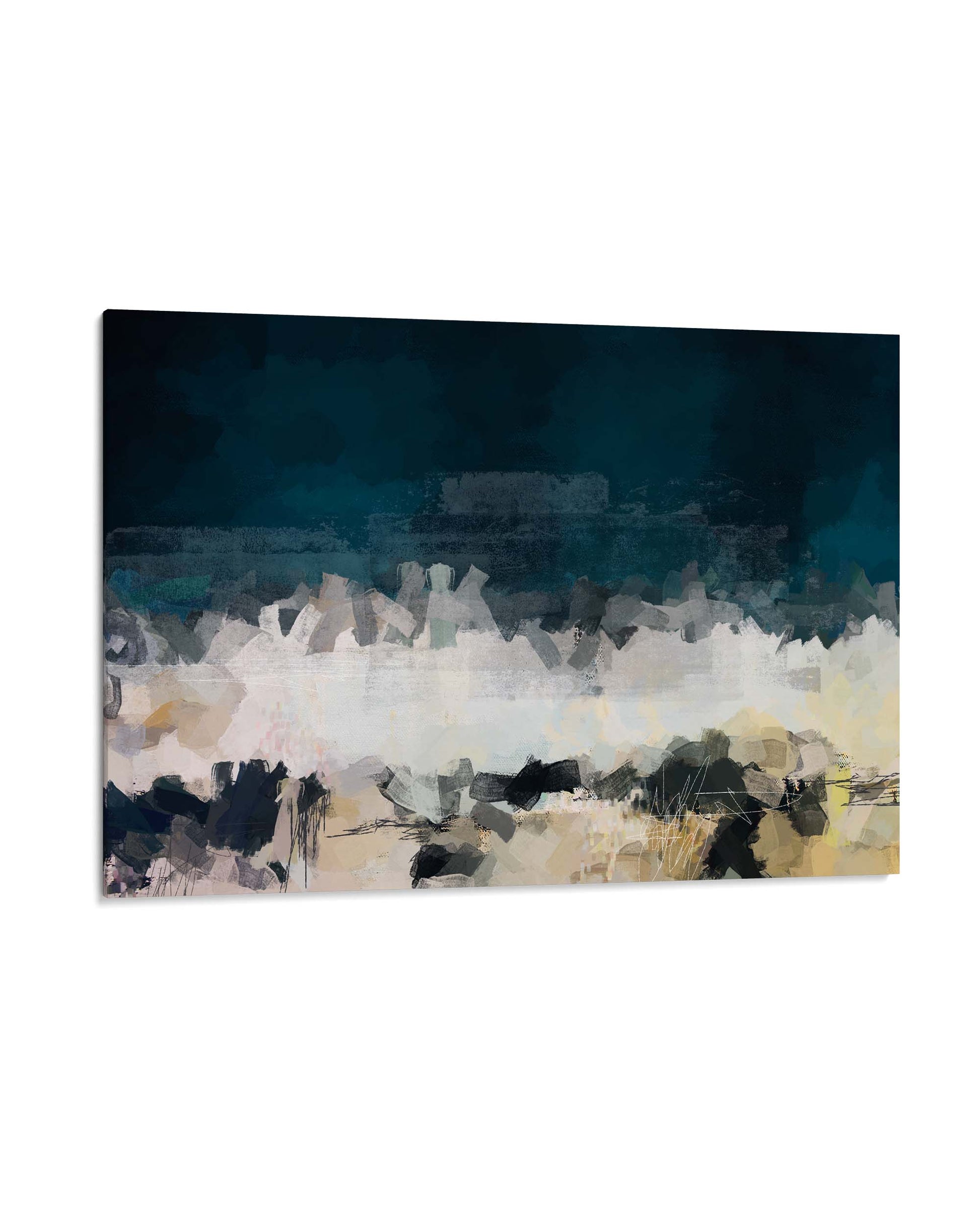 Abstract art print with a dark blue and beige color scheme on a white background