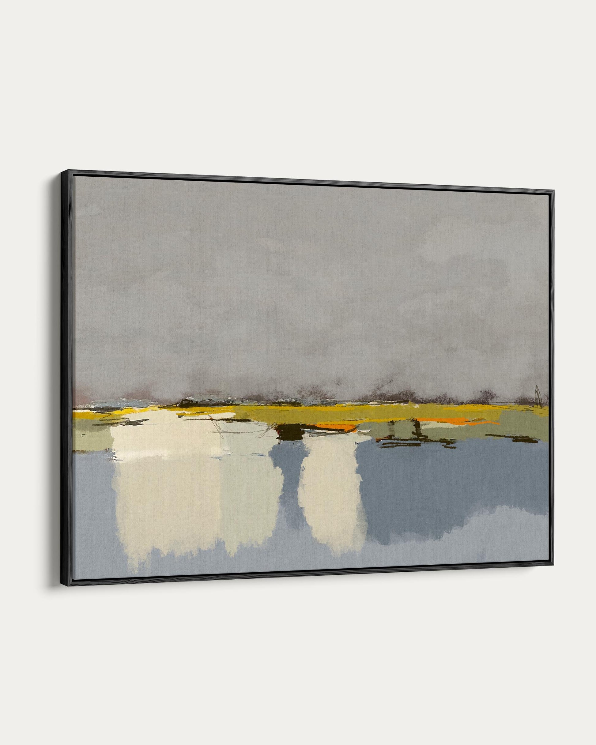 Framed abstract artwork with a landscape scene on a white background