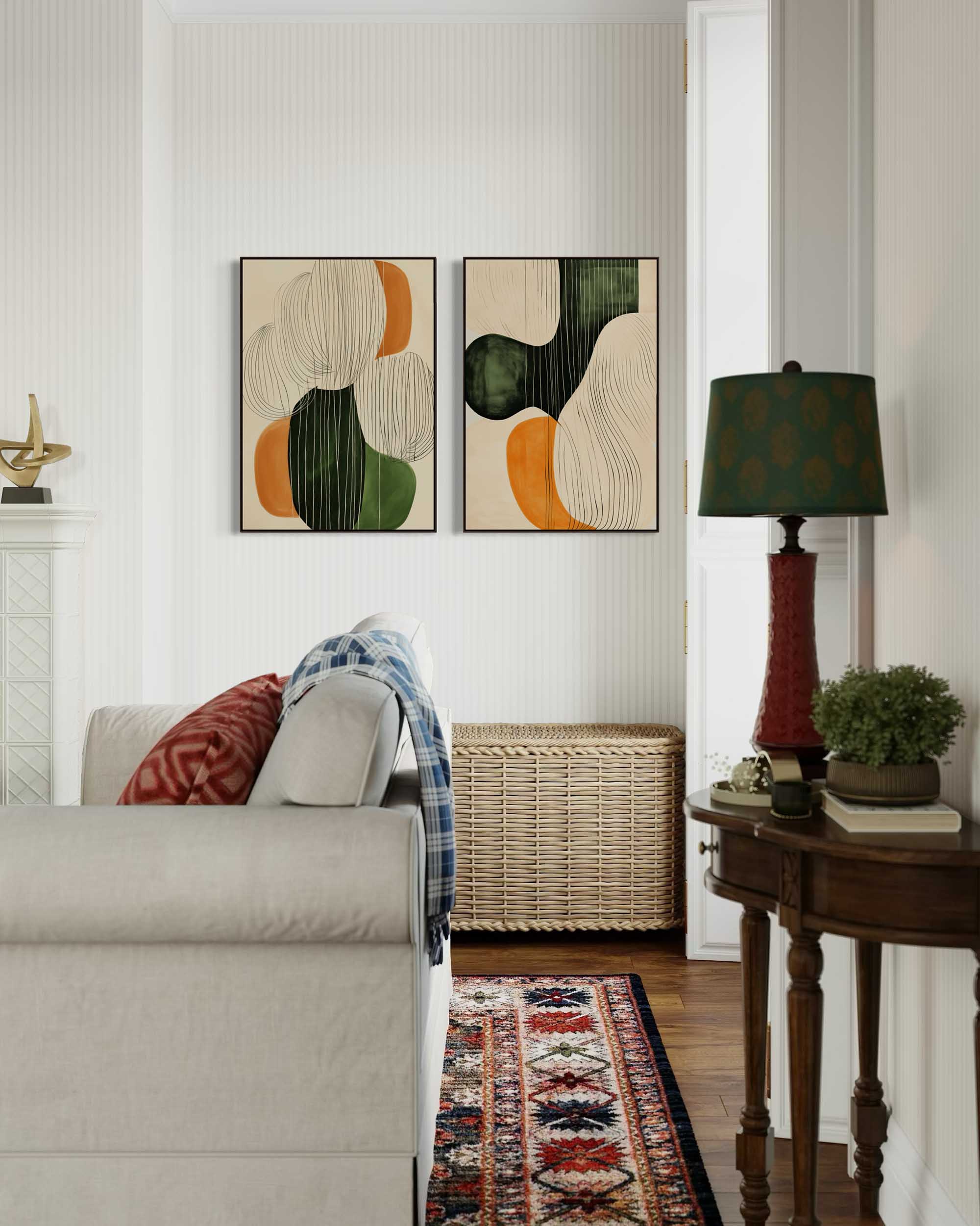 Living room with a sofa, coffee table, and wall art