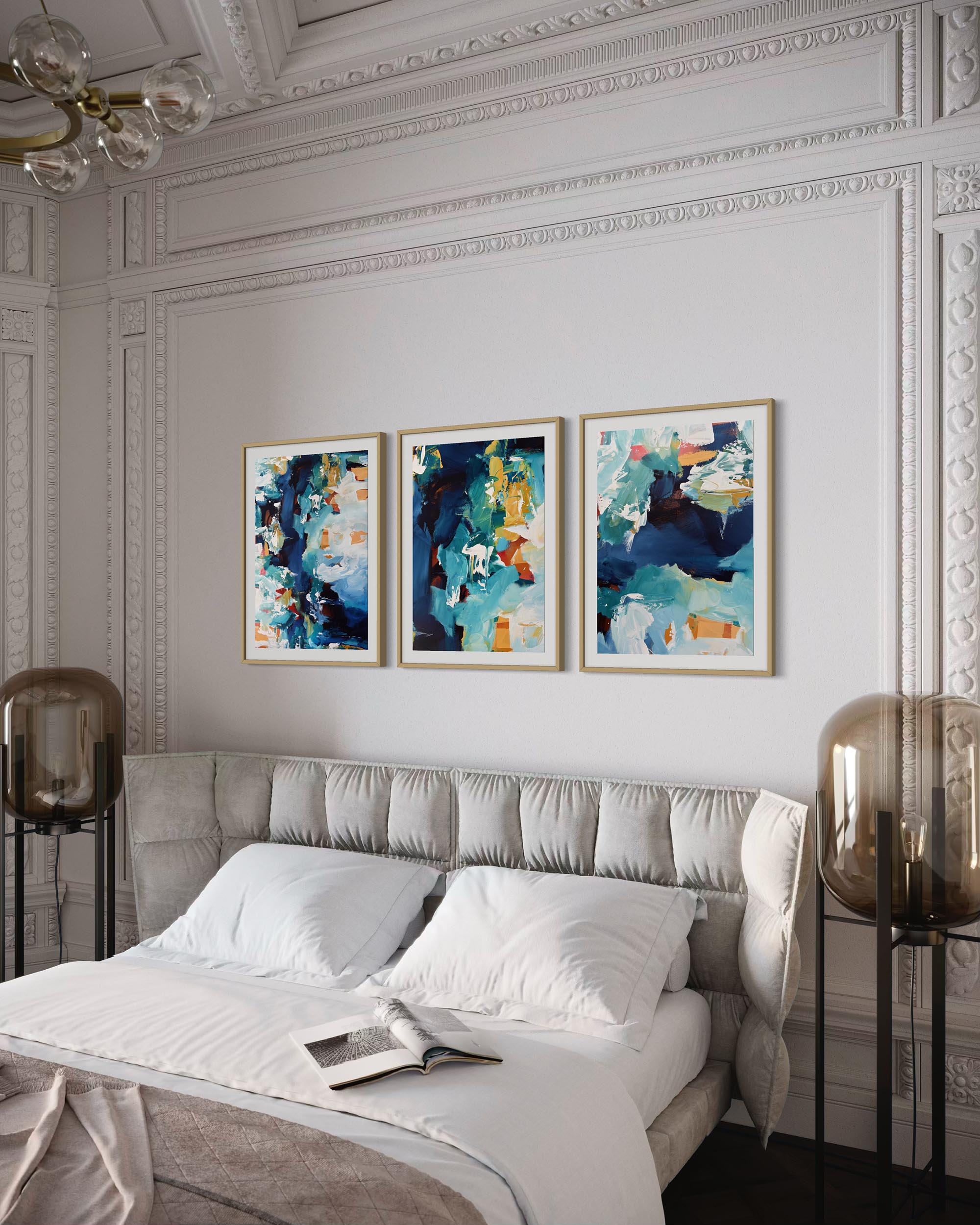 Modern bedroom with abstract art on the wall and a bed with white bedding.