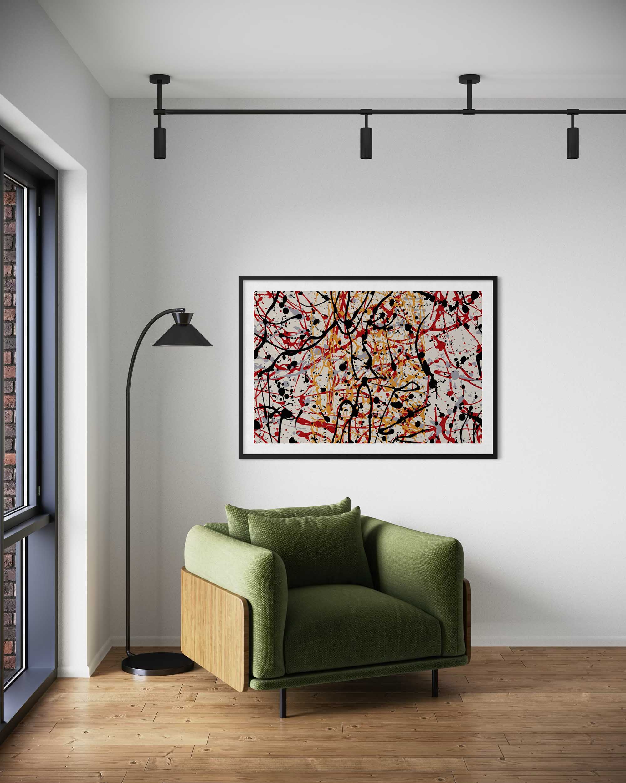 Modern living room with a green armchair, abstract painting, and floor lamp.