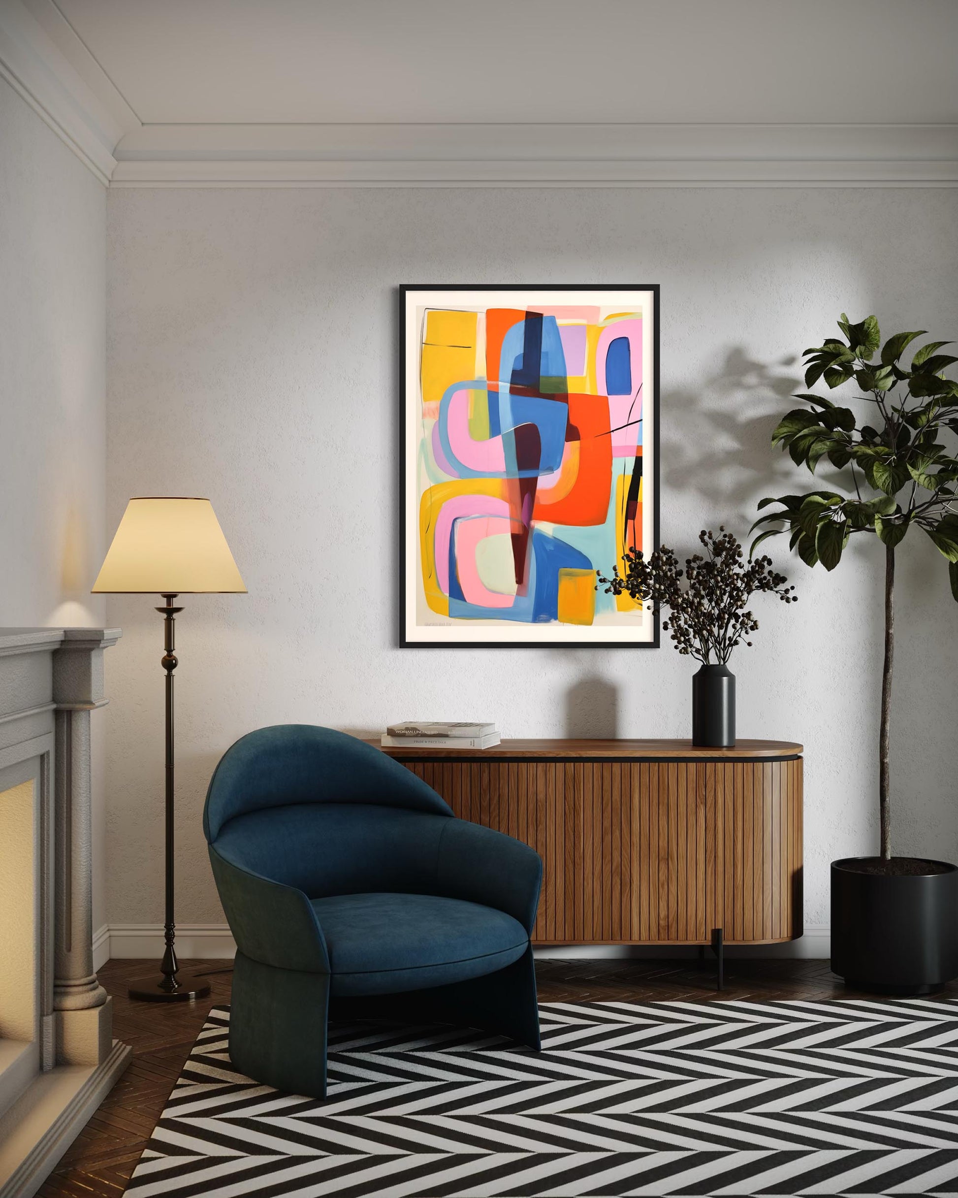 Modern living room with a blue armchair, abstract art, and geometric rug.