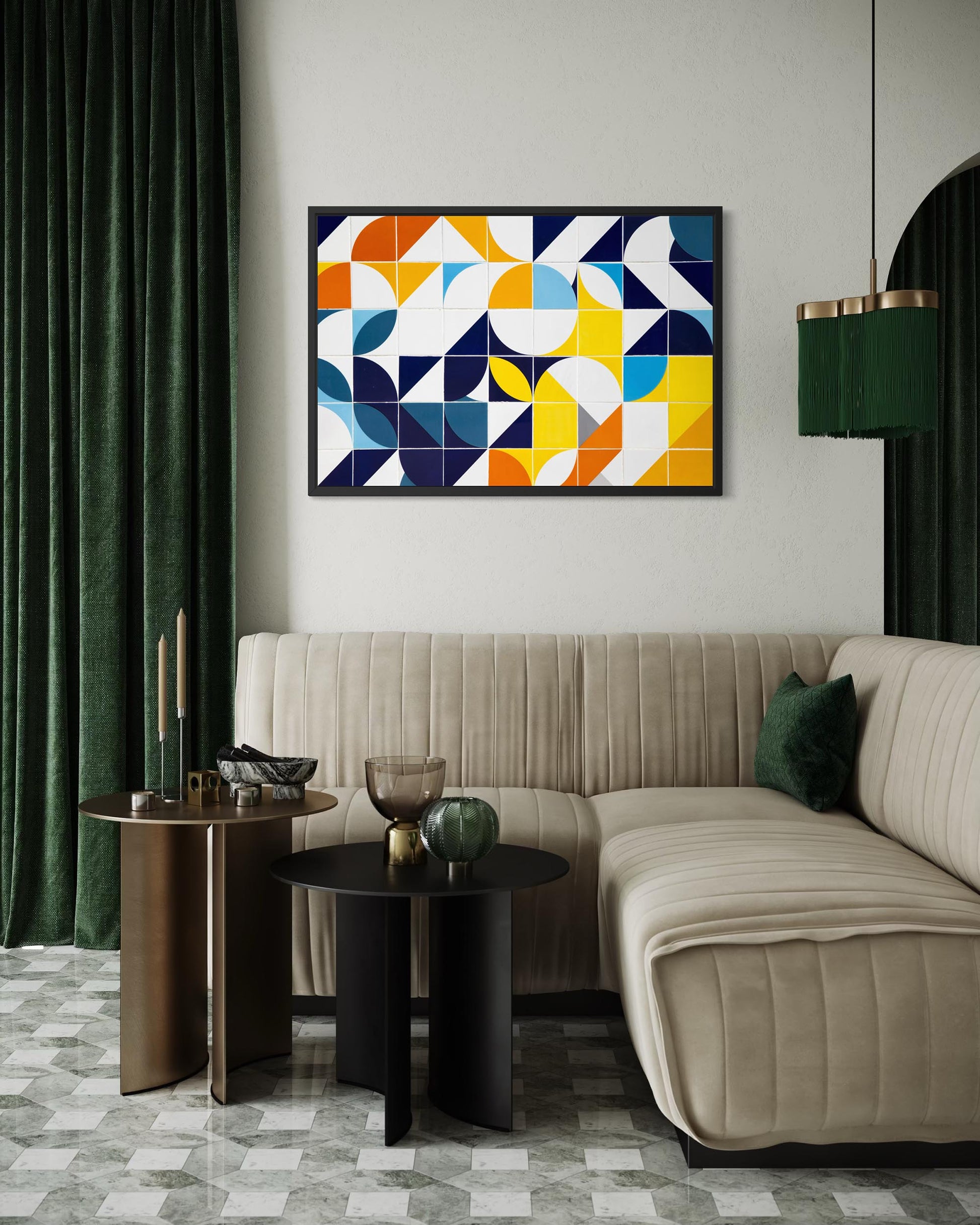 Modern living room with a beige sofa, side tables, and a colorful abstract painting on the wall.