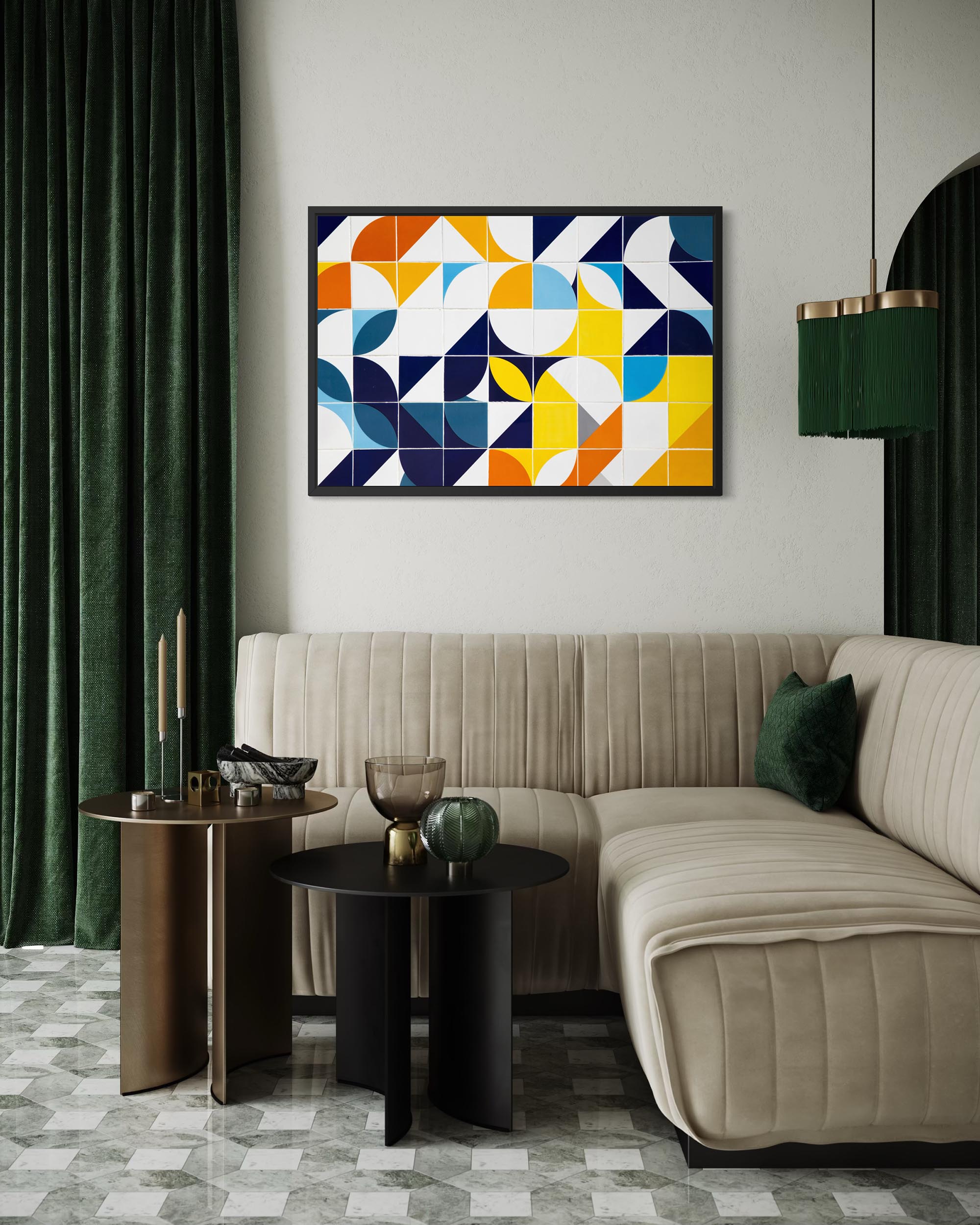 Modern living room with a beige sofa, side tables, and a colorful abstract painting on the wall.