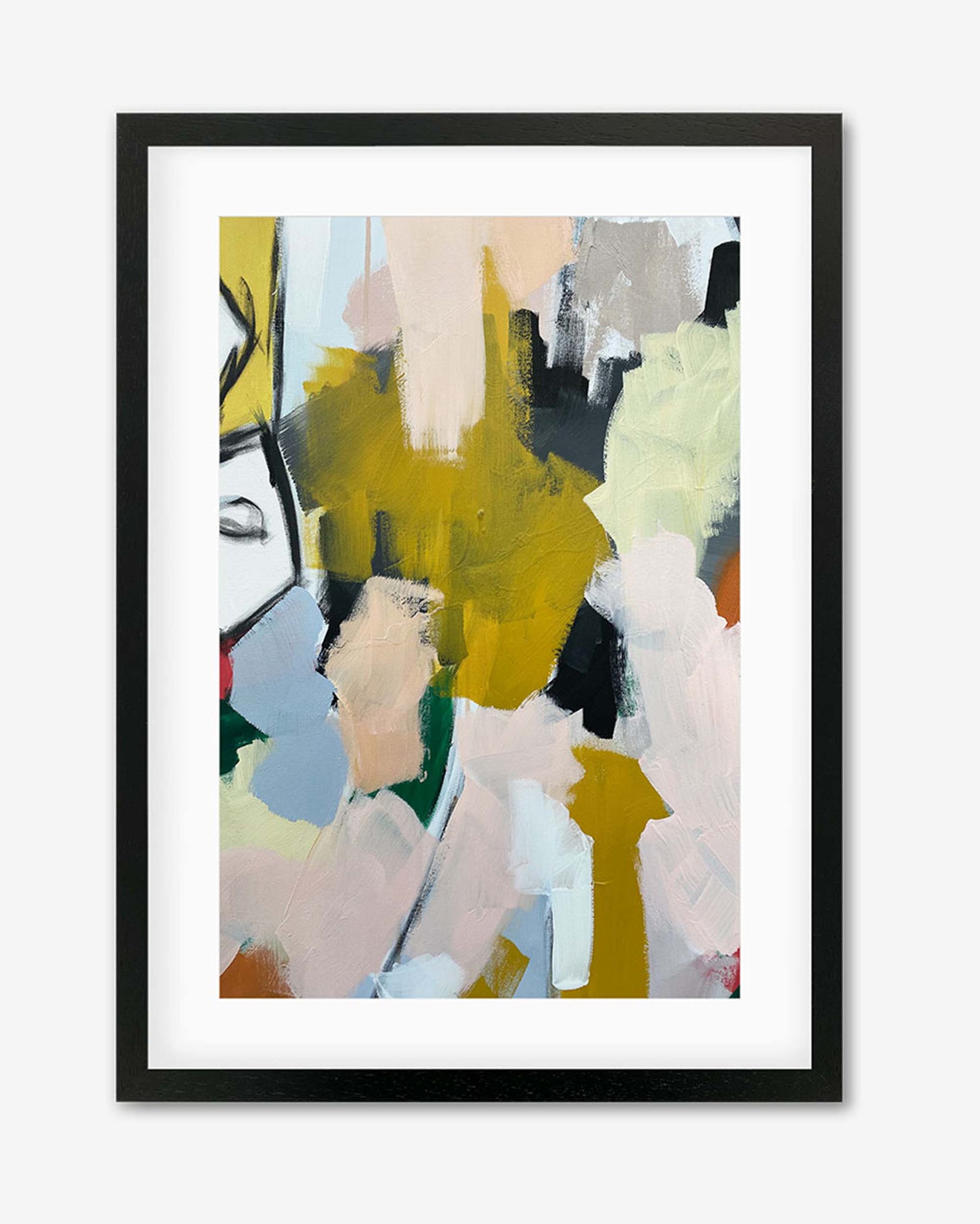 A framed art piece with abstract geometric shapes in various colors, predominantly yellow and black, with a white background.