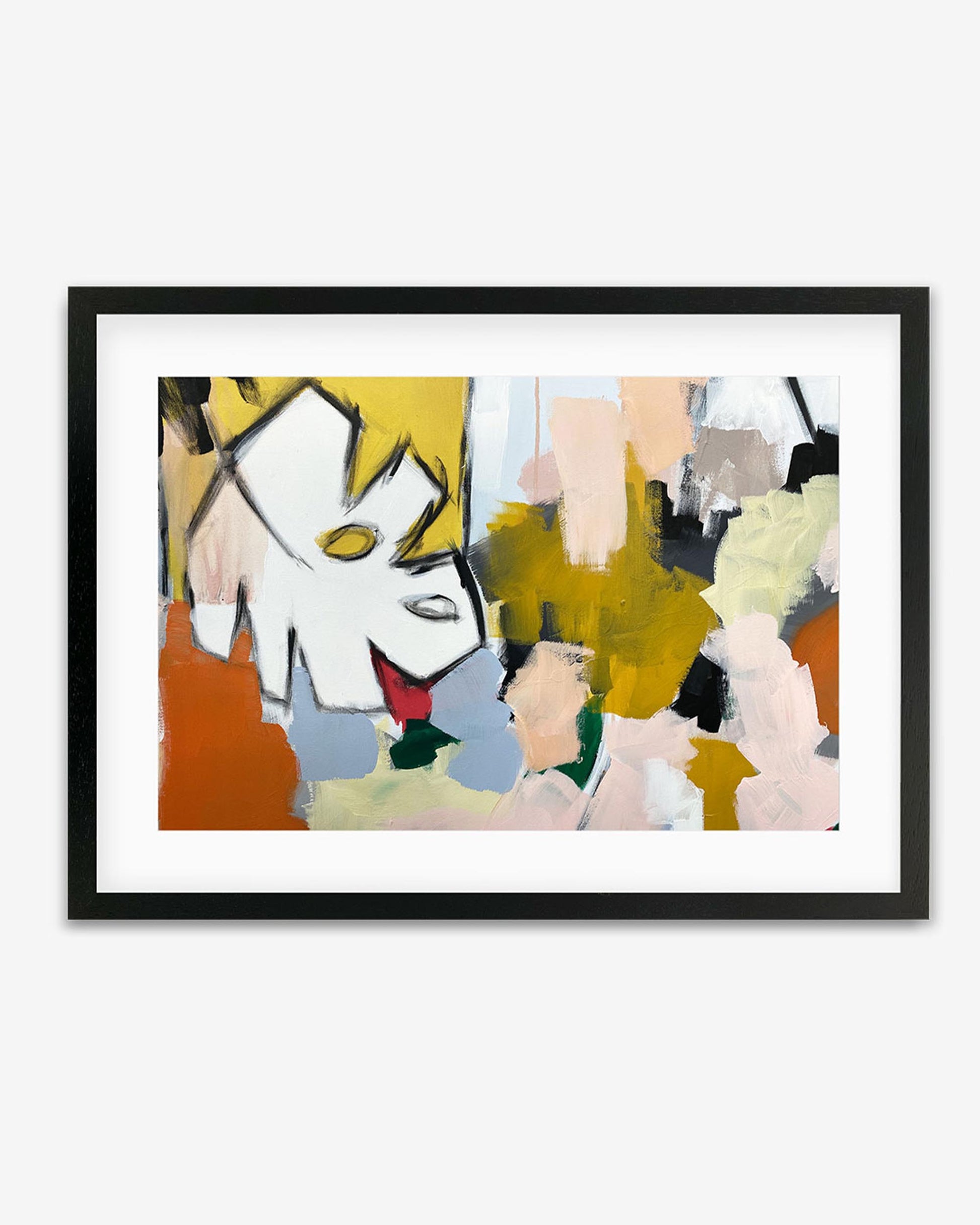A framed art print with abstract design, featuring a mix of vibrant colors including pink and yellow.