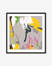 Framed abstract artwork with colorful elements on a gray background