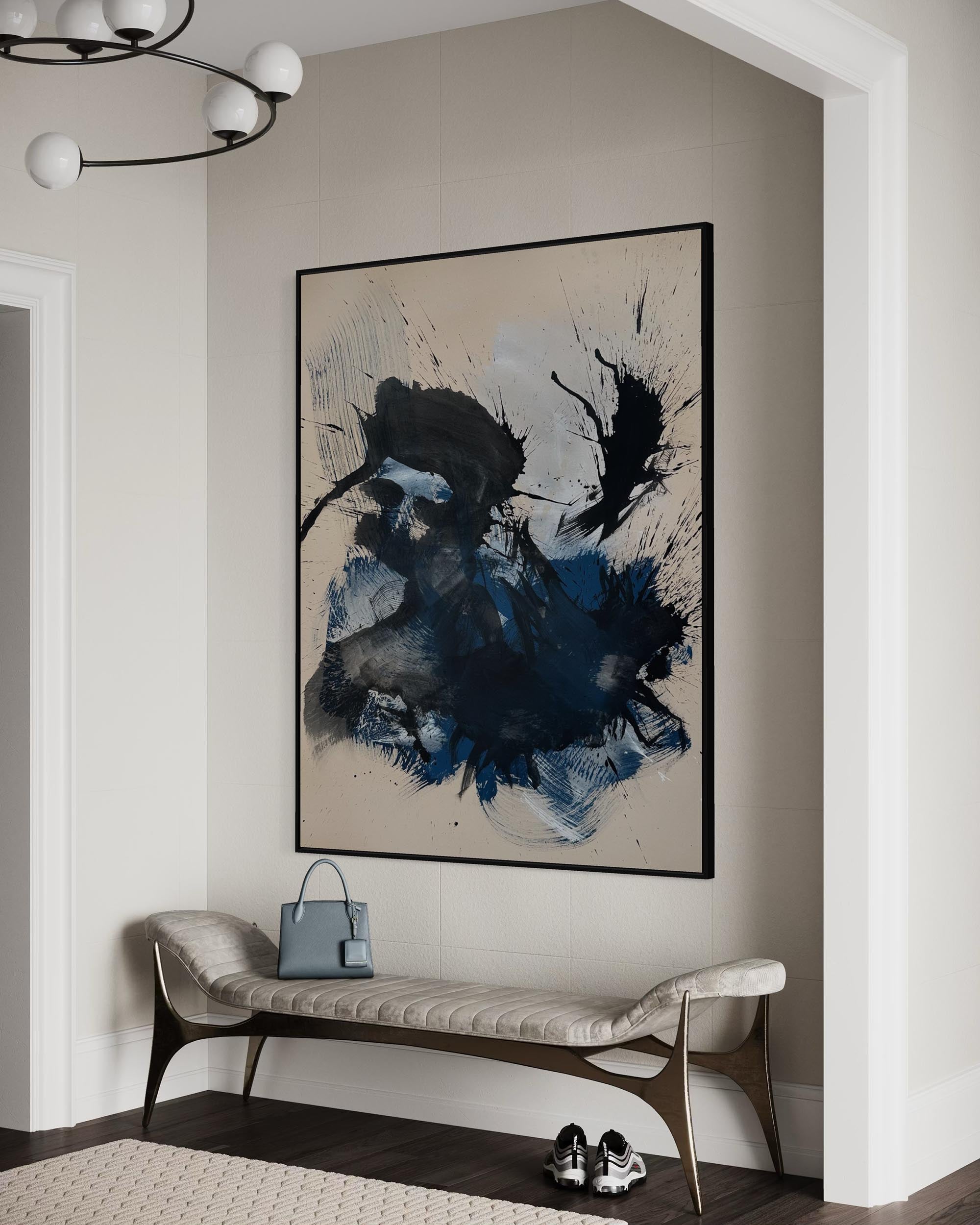 Modern interior with abstract art and bench