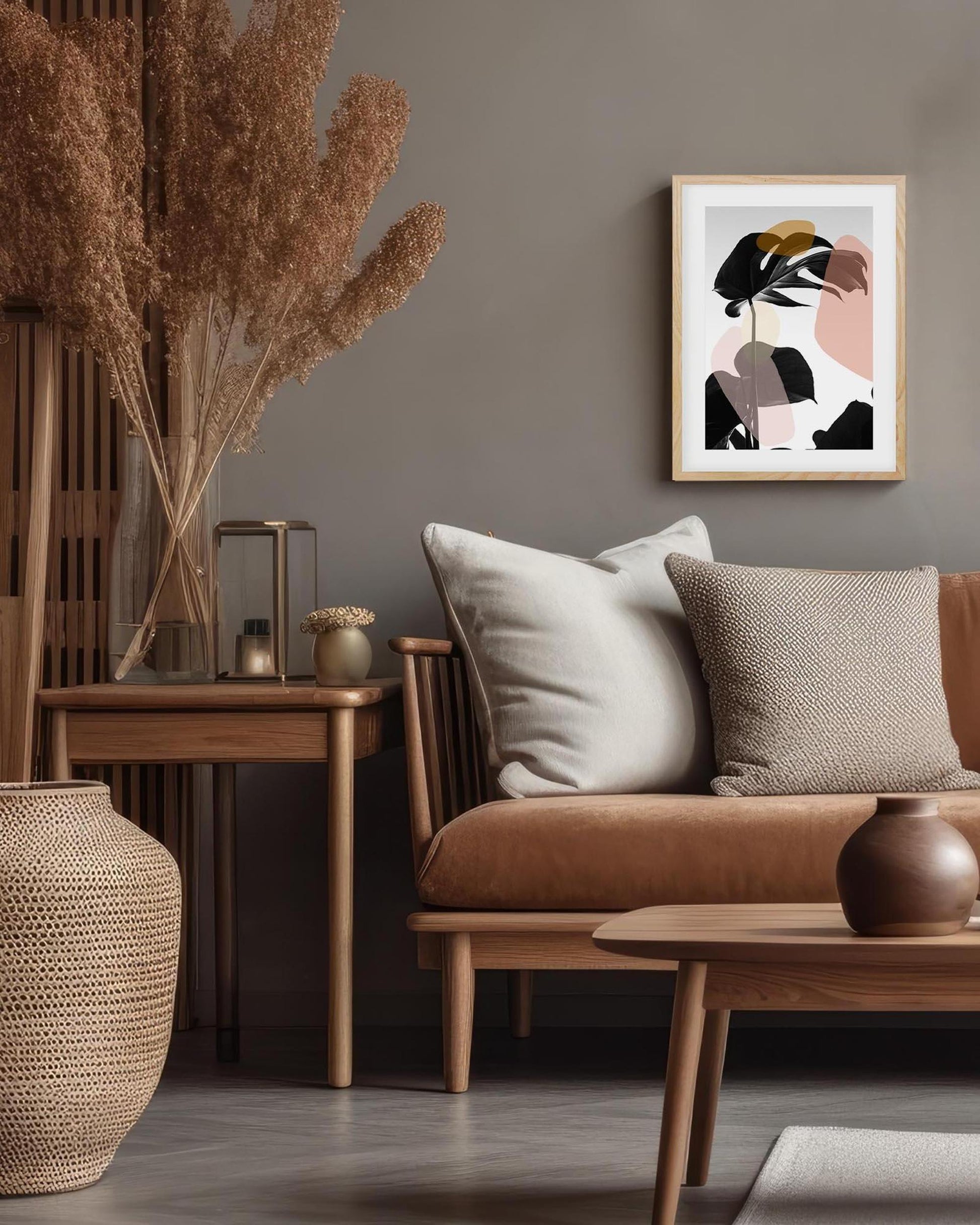 Cozy living room with brown sofa, wooden coffee table, and decorative elements.