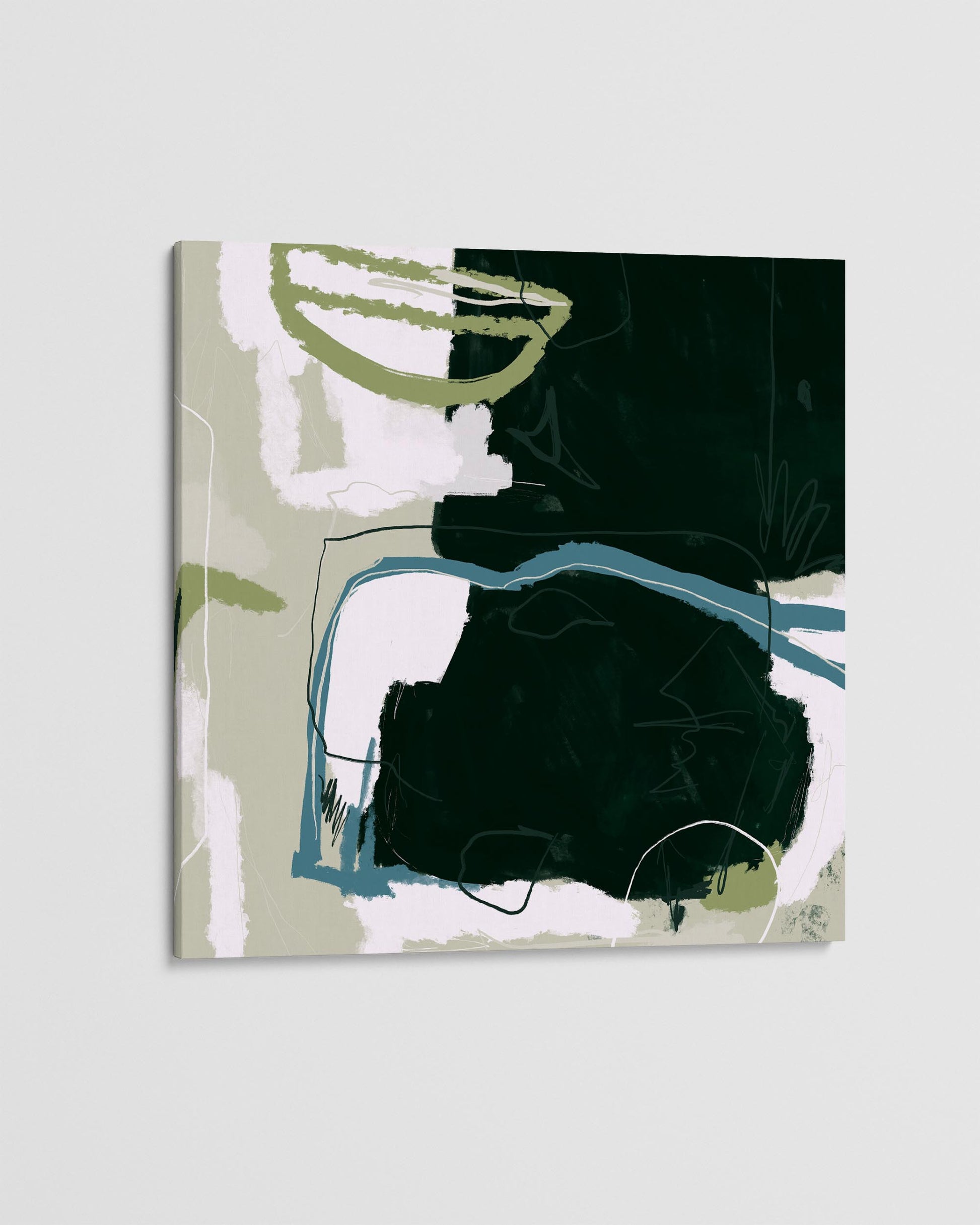 Abstract art piece with black, white, and green shapes on a light gray background