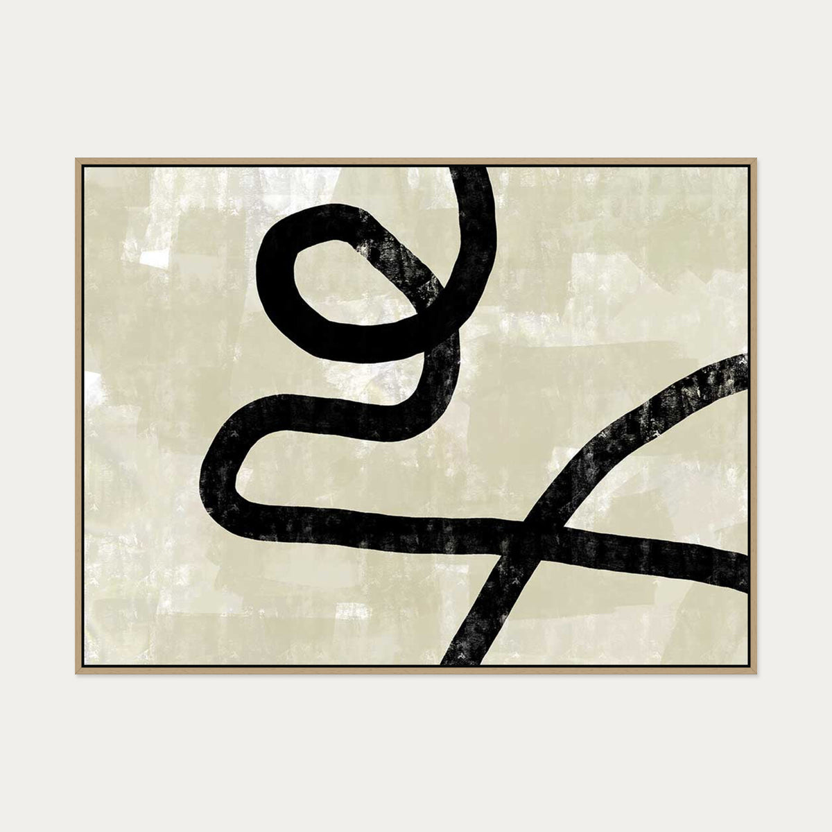 Neutral Curved Abstract Lines Canvas Art — 90 x 120 cm — Oak Frame