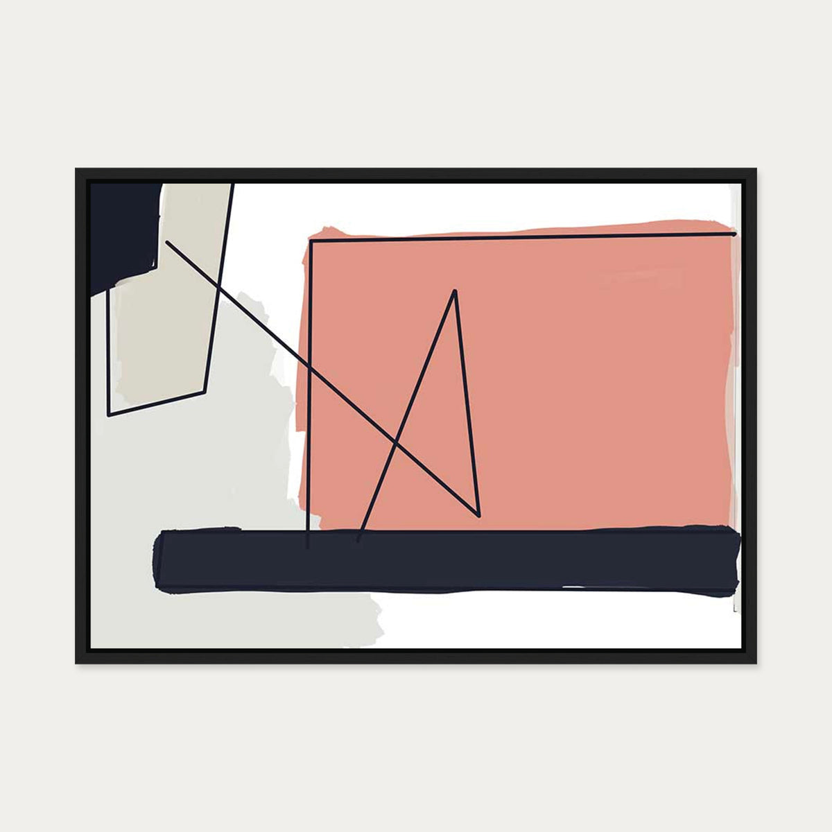 Coral On Grey Shapes Canvas Art — 50 x 70 cm — Black Frame